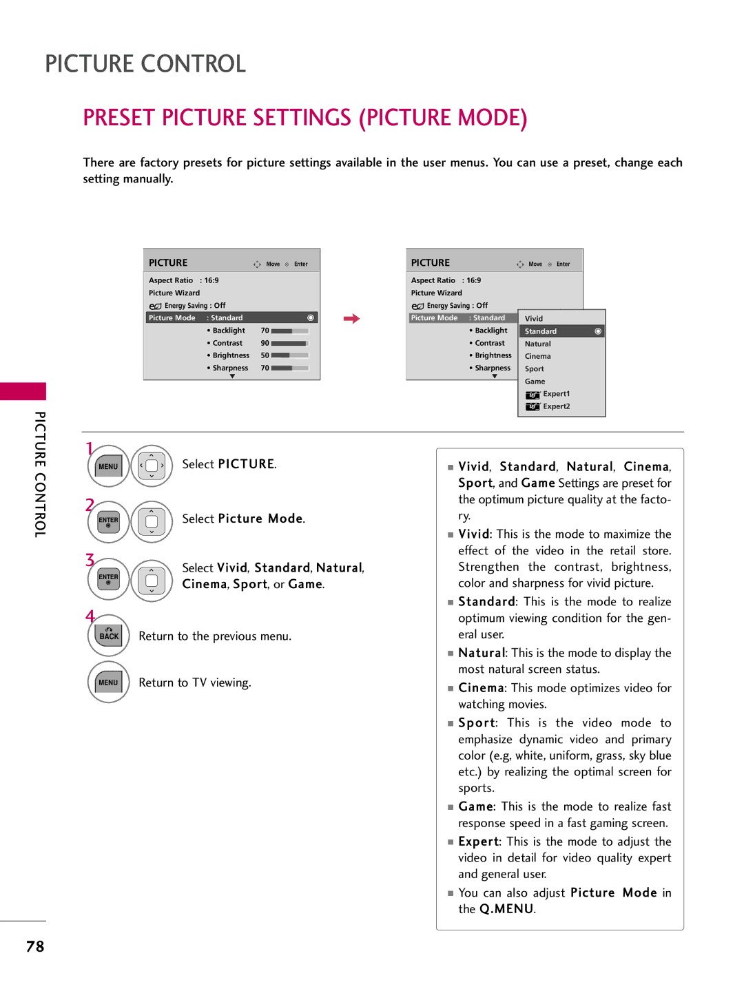 LG Electronics 32LD450, 32LD350, 47LD450, 47LD520, 47LD420, 37LD450, 32LD320, 26LD350 Preset Picture Settings Picture Mode 