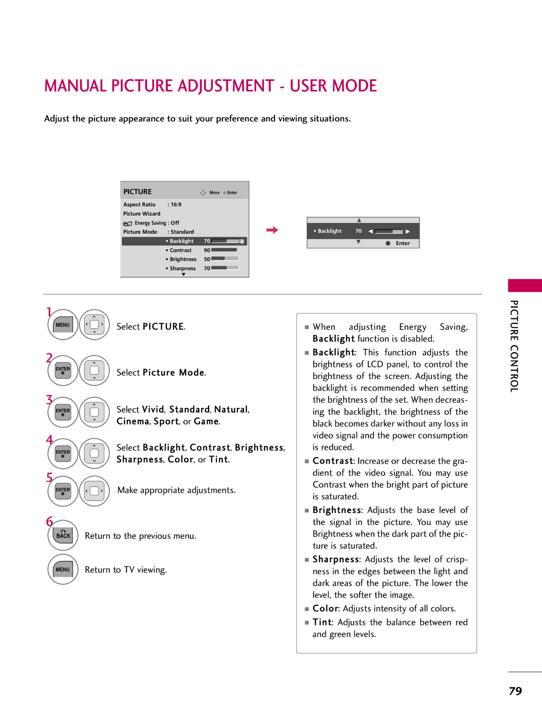 LG Electronics 42LD450, 32LD350, 47LD450, 47LD520, 47LD420, 37LD450, 32LD320, 26LD350 Manual Picture Adjustment User Mode 