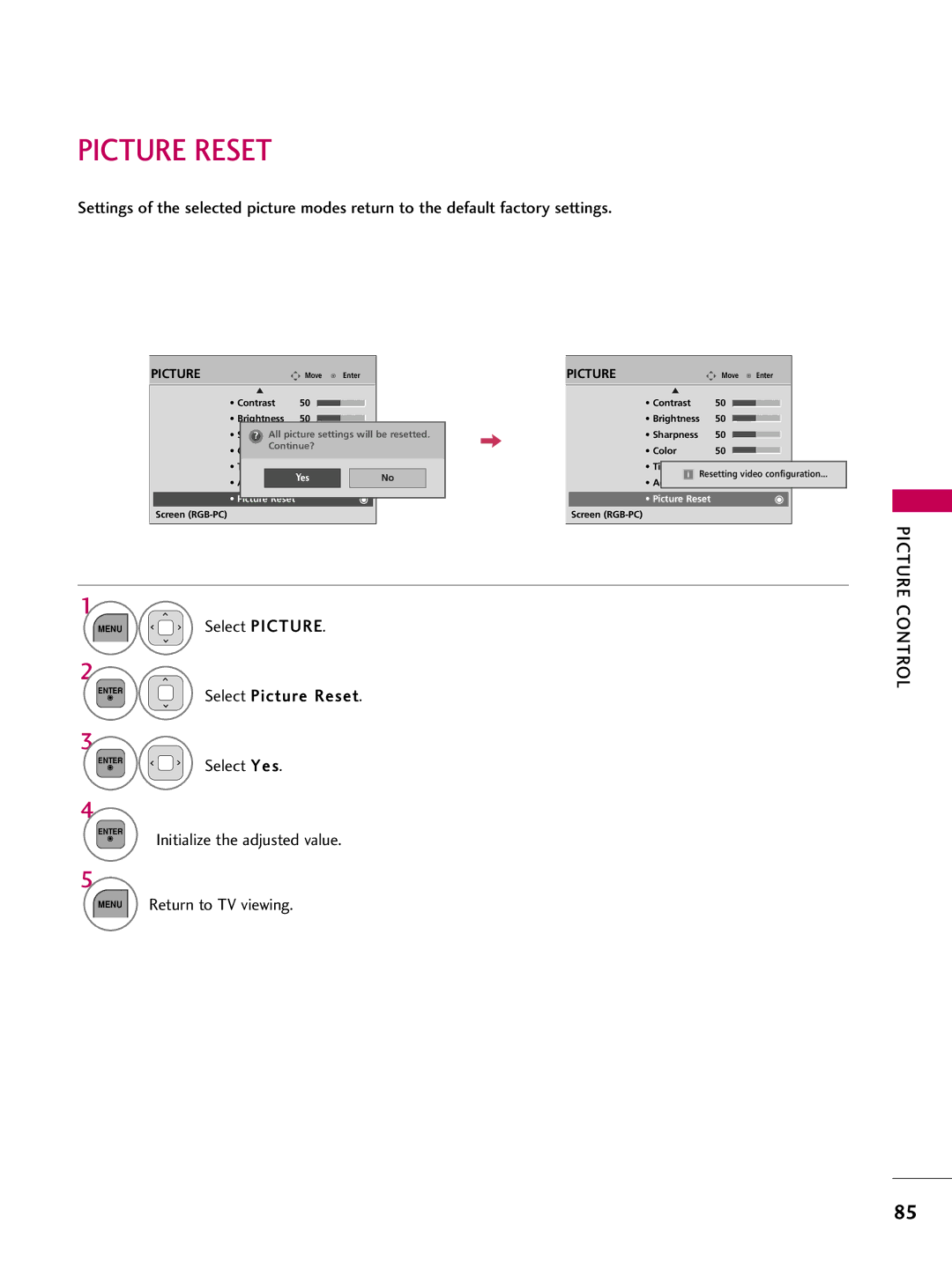 LG Electronics 47LD450, 32LD350, 47LD520, 47LD420, 37LD450, 32LD320, 26LD350 Picture Reset, Initialize the adjusted value 