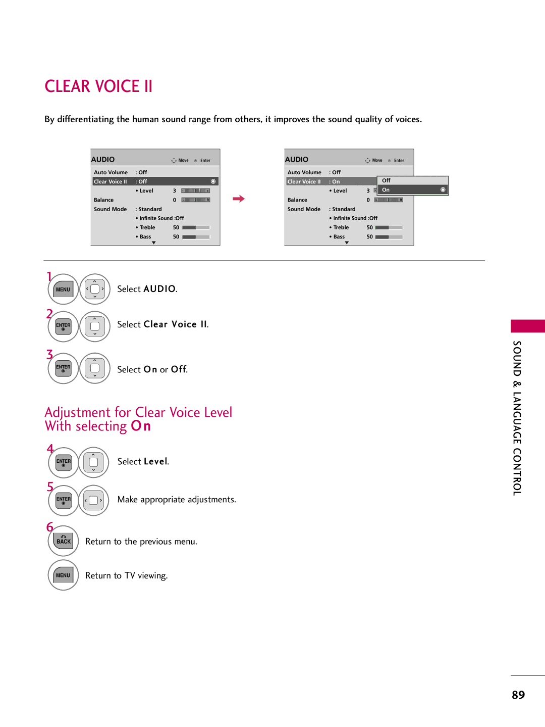 LG Electronics 32LD320 Adjustment for Clear Voice Level With selecting O n, Menu Select Audio, Select Clear Voice 