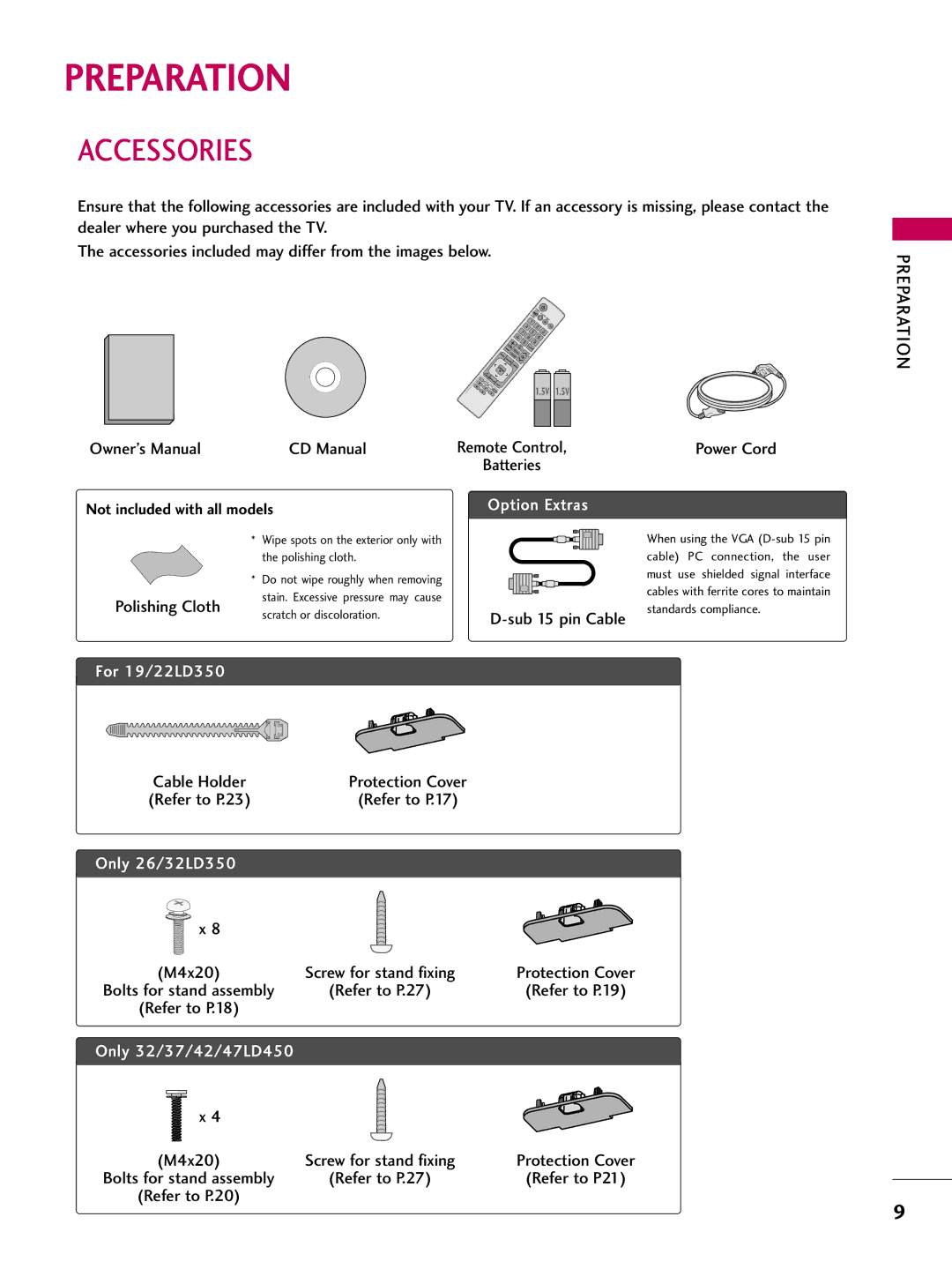 LG Electronics 42LD450, 32LD350, 47LD450, 47LD520, 47LD420 Accessories, Preparation, Polishing Cloth, Sub 15 pin Cable, M4x20 