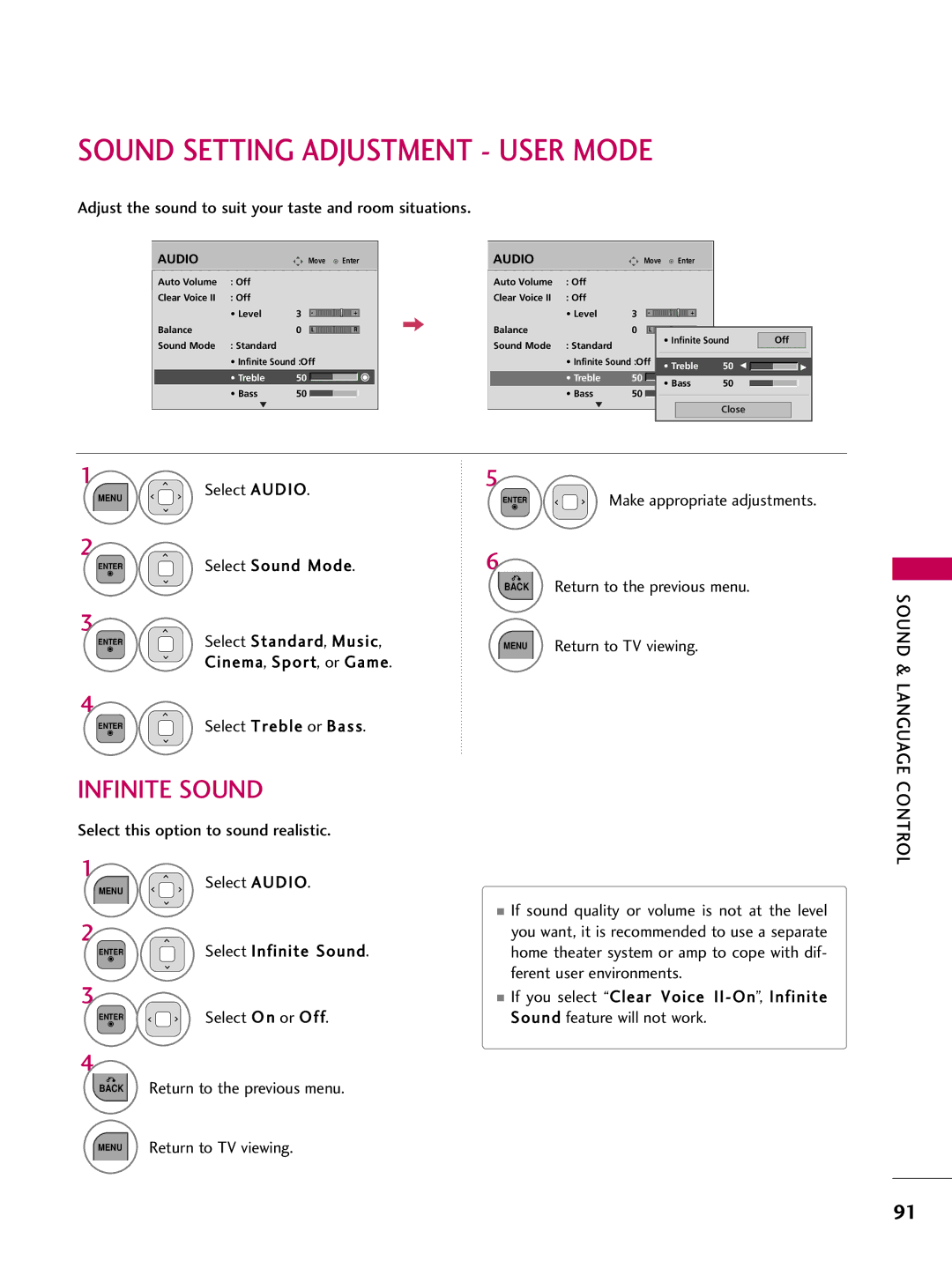 LG Electronics 22LD350, 32LD350, 47LD450, 47LD520, 47LD420, 37LD450, 32LD320, 26LD350, 32LD450 Sound Setting Adjustment User Mode 