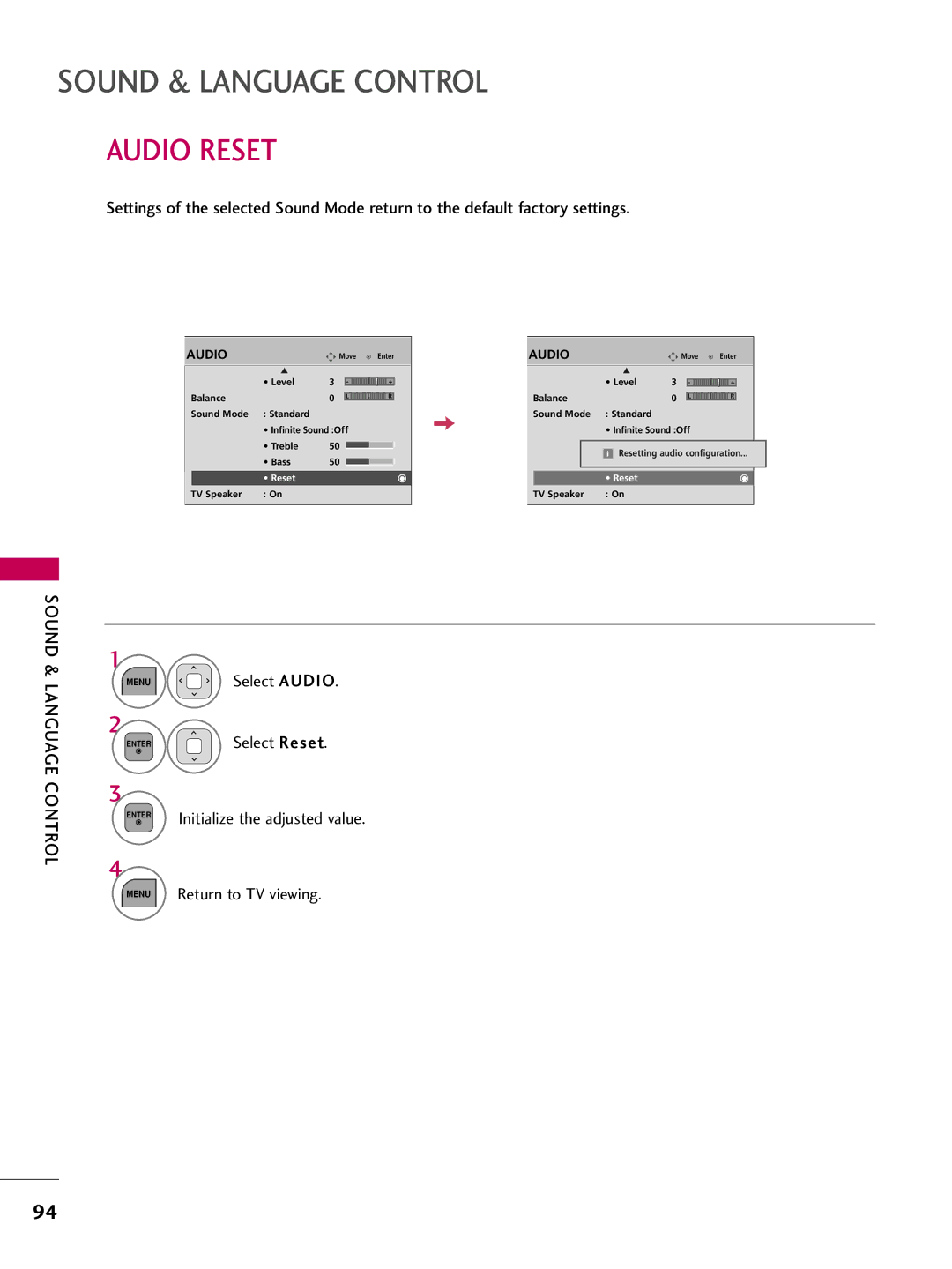 LG Electronics 42LD520, 32LD350, 47LD450, 47LD520, 47LD420, 37LD450, 32LD320, 26LD350, 22LD350 Audio Reset, Menu Select Audio 