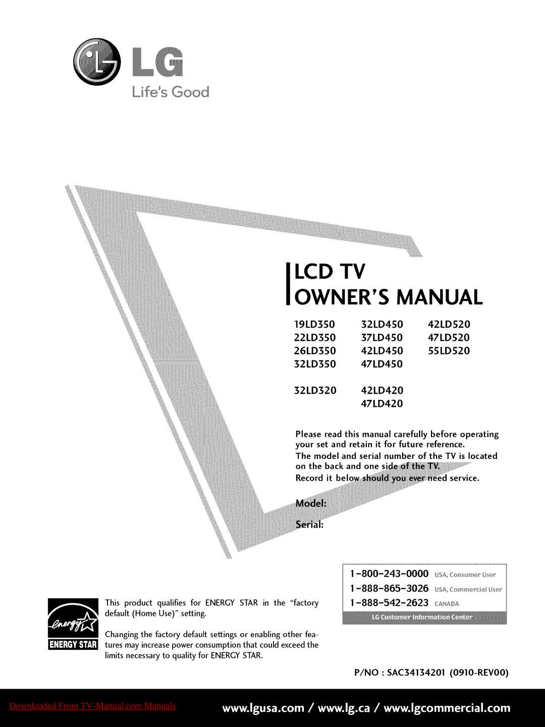 LG Electronics 47LD450, 32LD350, 47LD520, 47LD420, 37LD450, 32LD320 owner manual Lcd Tv, Usa com . u No SAC34134201 0910-REVO0 