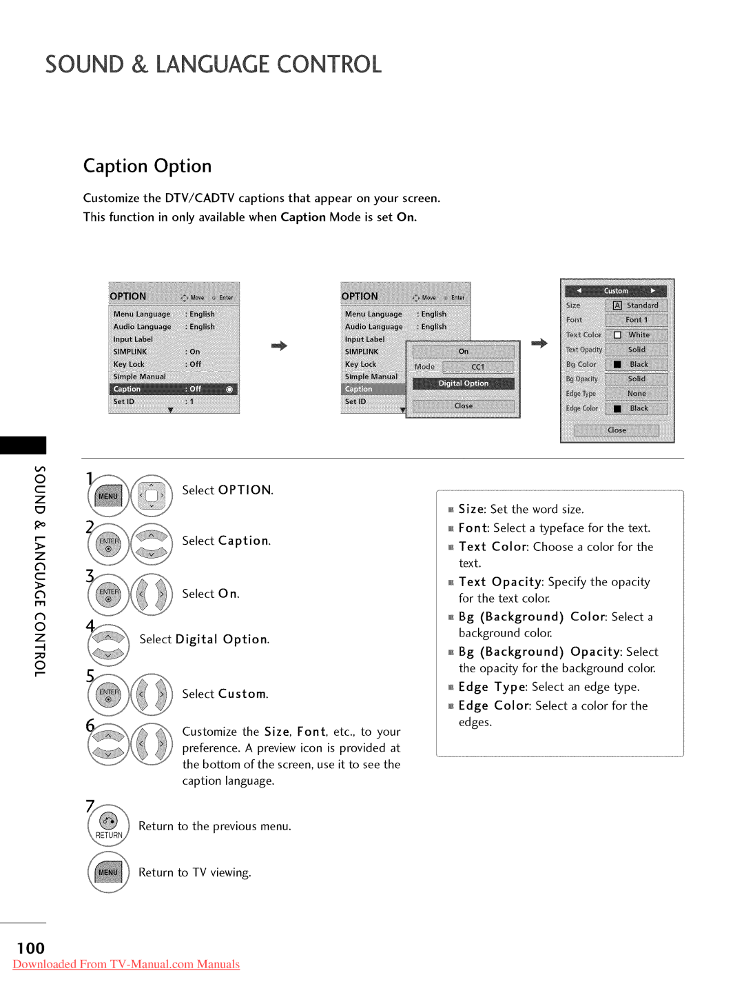 LG Electronics 47LD520, 32LD350, 47LD450, 47LD420, 37LD450, 32LD320, 26LD350, 22LD350 Caption Option, Select Digital Option 