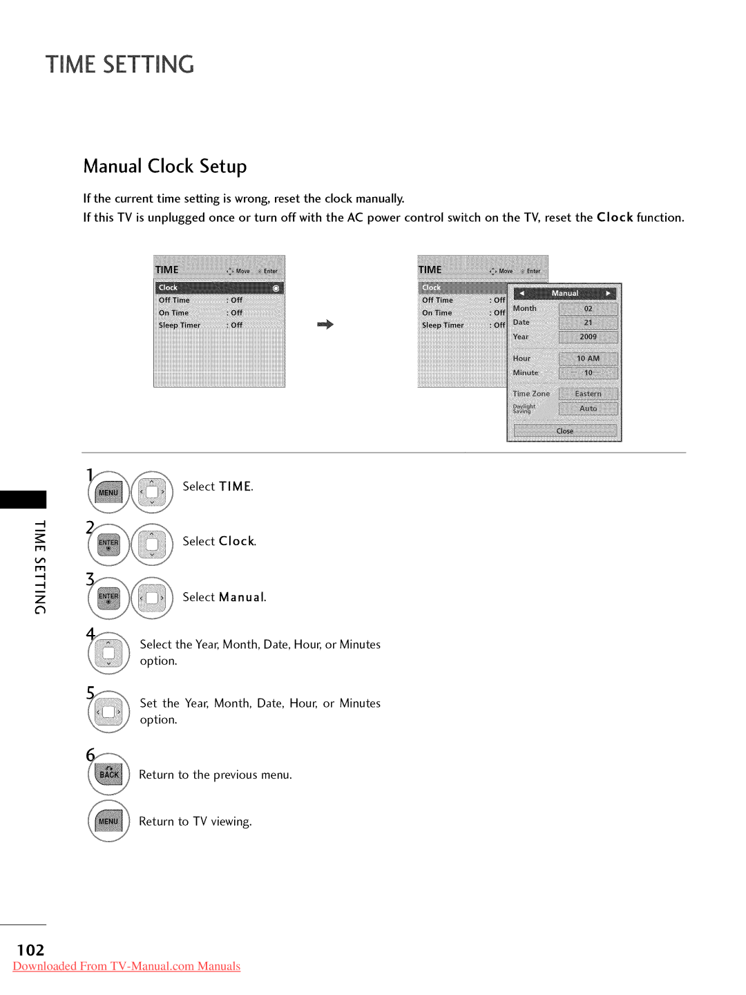 LG Electronics 37LD450, 32LD350, 47LD450, 47LD520, 47LD420, 32LD320, 26LD350, 22LD350, 32LD450, 42LD450 Manual Clock Setup, 102 