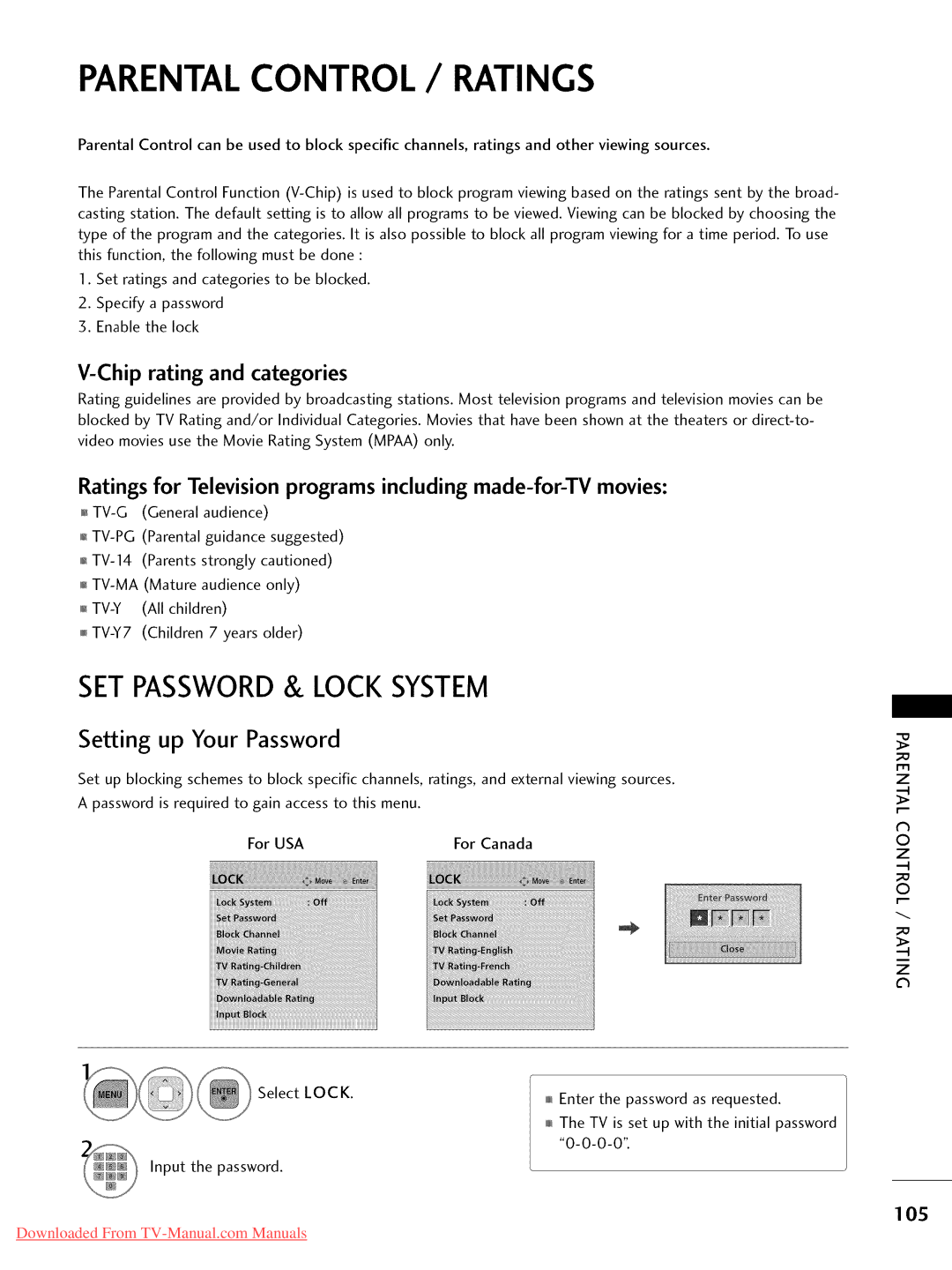 LG Electronics 22LD350, 32LD350, 47LD450, 47LD520, 47LD420, 37LD450 SETPASSWORD& Lock System, Setting up Your Password, 105 