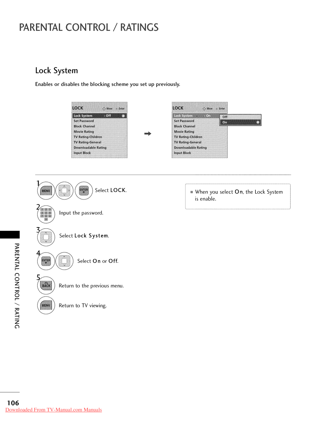 LG Electronics 32LD450, 32LD350, 47LD450, 47LD520, 47LD420, 37LD450, 32LD320 Parentalcontrol / Ratings, Lock System, 106 