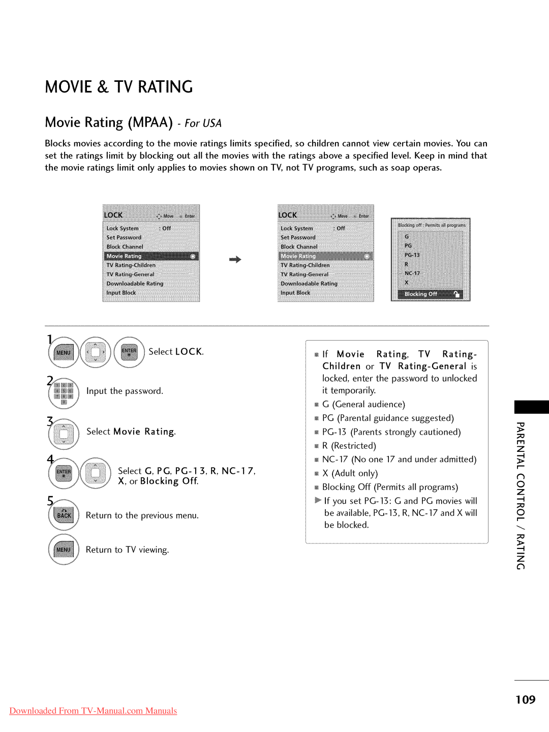 LG Electronics 42LD420, 32LD350, 47LD450, 47LD520, 47LD420, 37LD450 Movie & TV Rating, Movie Rating Mpaa For USA, I!!i, 109 