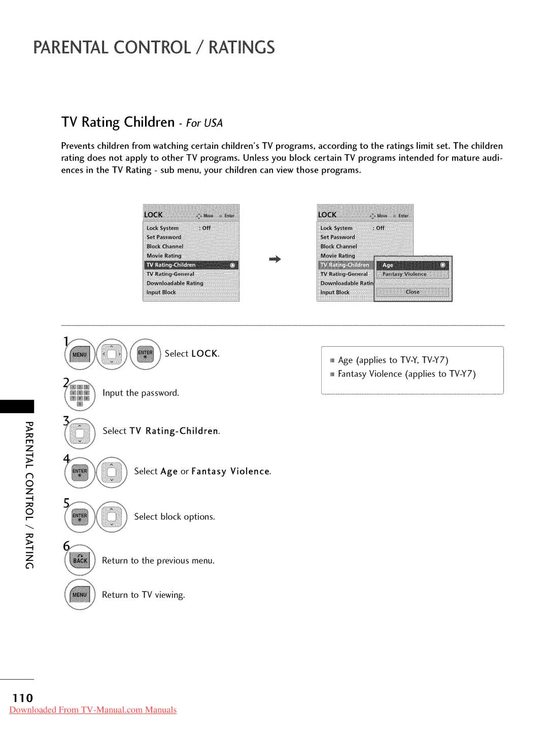 LG Electronics 55LD520, 32LD350, 47LD450, 47LD520, 47LD420, 37LD450, 32LD320 TV Rating Children For USA, 110, Select Lock 