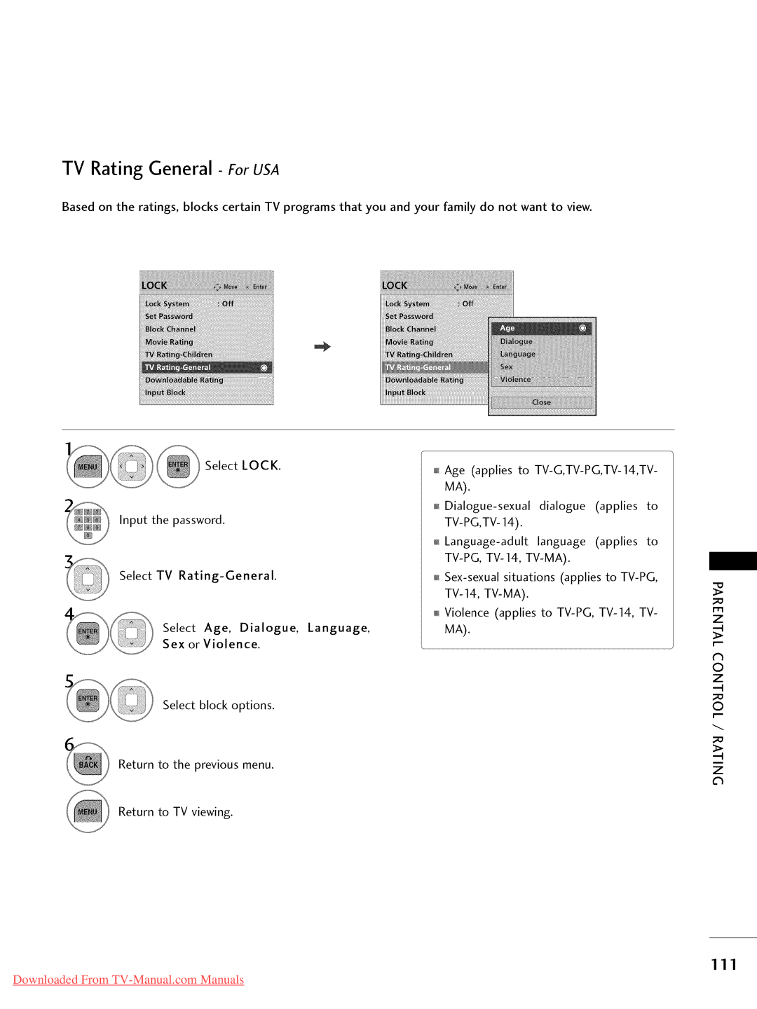 LG Electronics 19LD350, 32LD350, 47LD450, 47LD520, 47LD420, 37LD450, 32LD320, 26LD350, 22LD350 TV Rating General- ForUSA, 111 