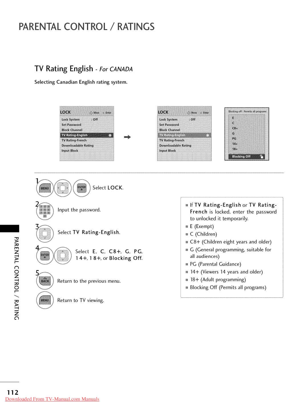 LG Electronics 32LD350, 47LD450, 47LD520, 47LD420, 37LD450 TV Rating English ForCANADA, 112, Select C8+, G Or Blocking Off 