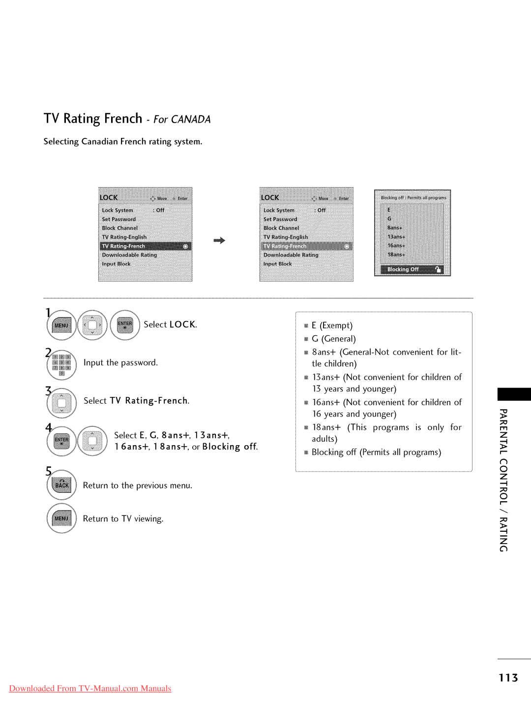 LG Electronics 47LD450, 32LD350, 47LD520, 47LD420, 37LD450, 32LD320, 26LD350, 22LD350, 32LD450, 42LD450 TV Rating French ForCANADA 