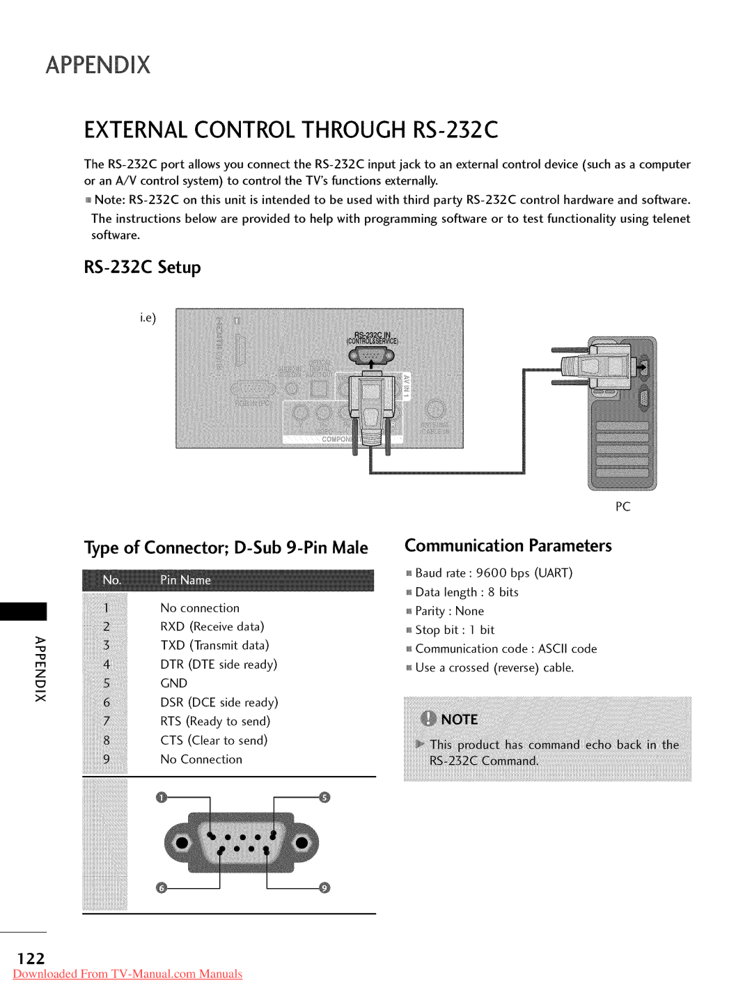 LG Electronics 42LD520, 32LD350, 47LD450, 47LD520, 47LD420, 37LD450, 32LD320, 26LD350 External Control Through RS-232C, 122 