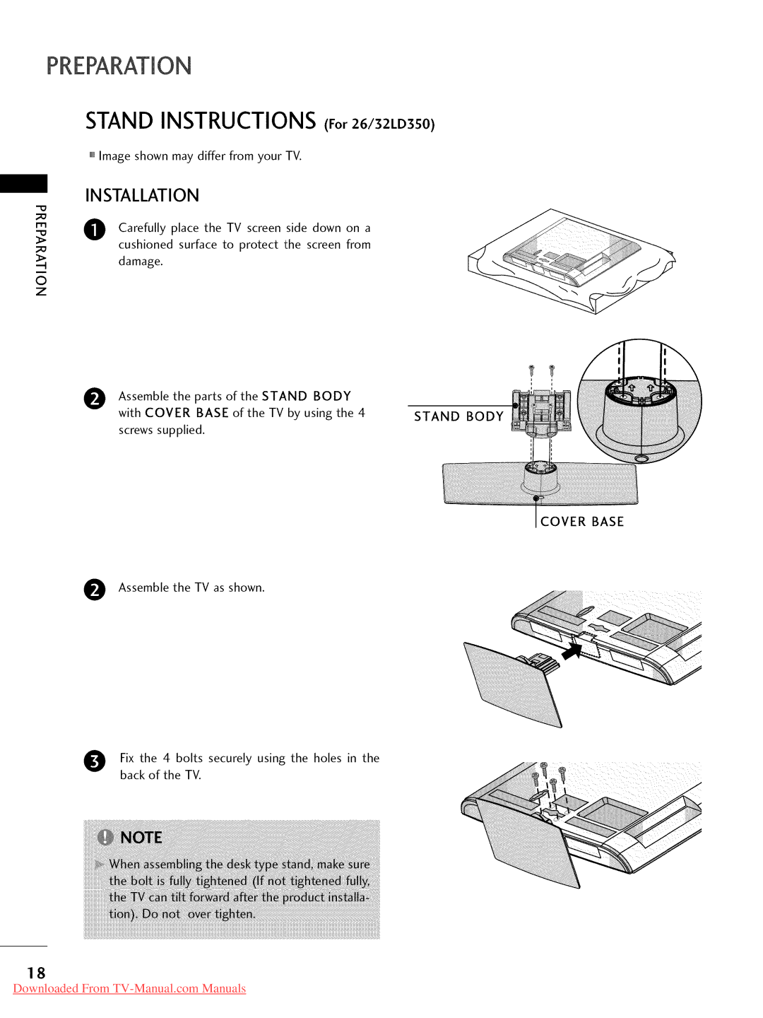 LG Electronics 37LD450, 47LD450, 47LD520, 47LD420, 32LD320 Stand Instructions For 26/32LD350, Assemble the TV as shown 