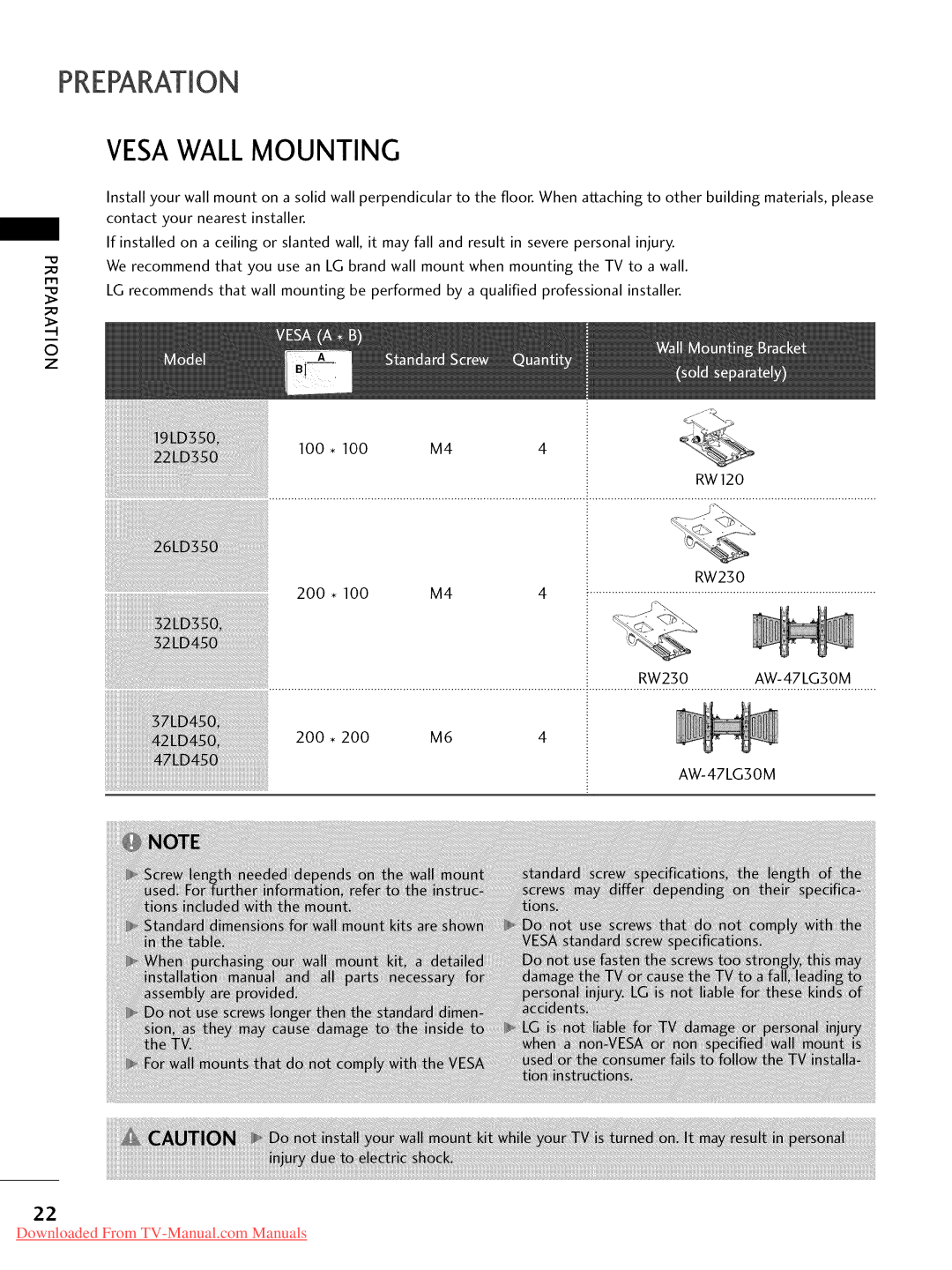 LG Electronics 32LD450, 32LD350, 47LD450, 47LD520, 47LD420, 37LD450, 32LD320 Vesawall Mounting, 100, 200 RW230 AW-47LG30M 