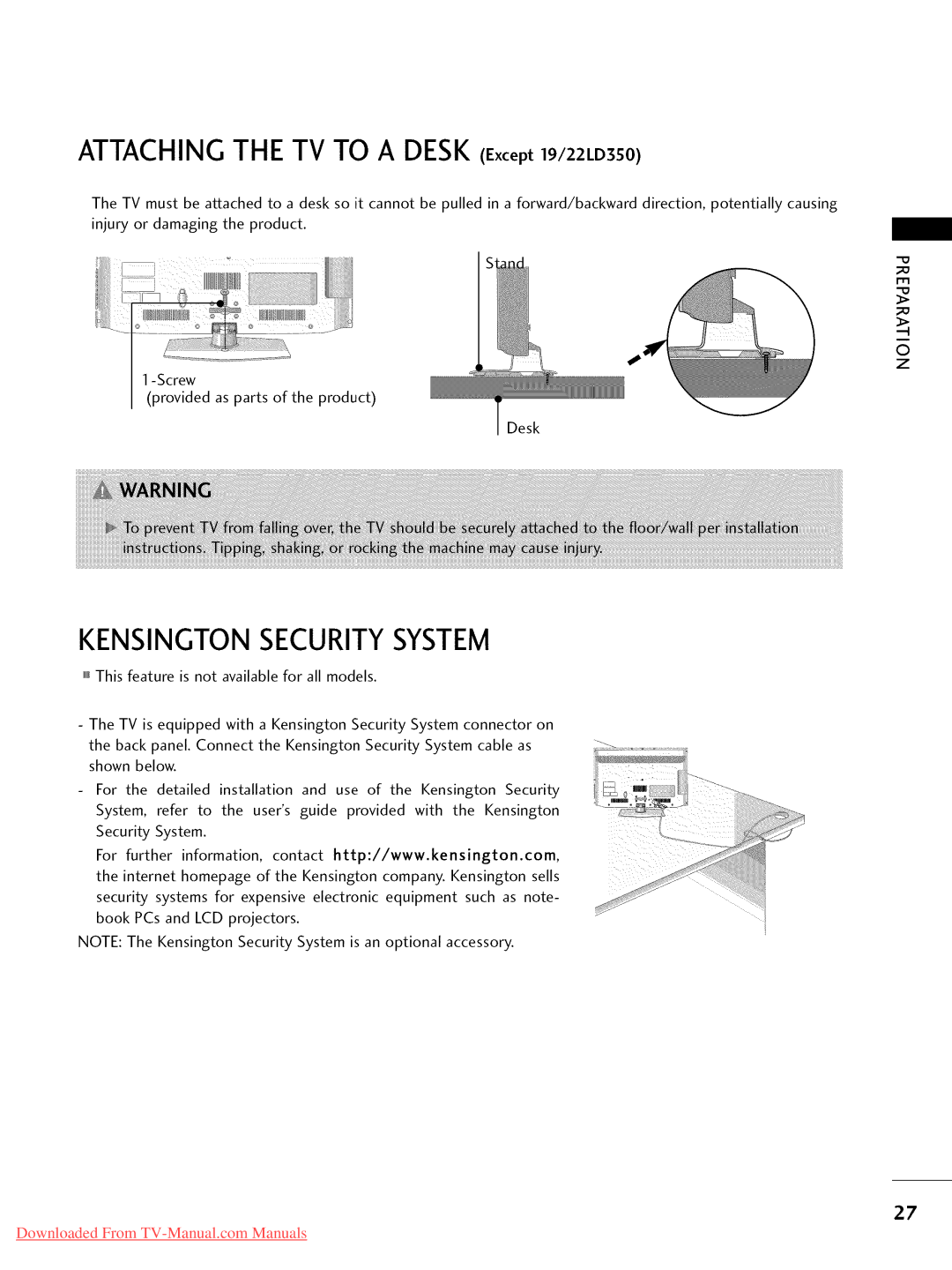 LG Electronics 19LD350, 32LD350, 47LD450, 47LD520 Kensingtonsecuritysystem, Attaching the TV to a Desk Except 19/22LD3S0 