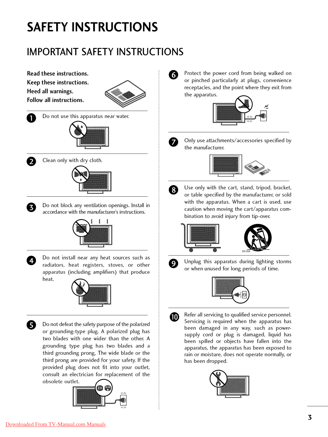 LG Electronics 47LD420, 32LD350 Important Safetyinstructions, Heed all warnings, Do not use this apparatus near water 