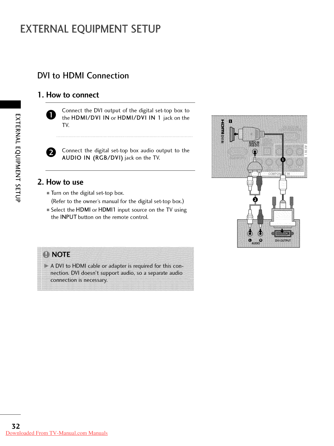 LG Electronics 37LD450, 32LD350, 47LD450, 47LD520, 47LD420, 32LD320, 26LD350 Externalequipment Setup, DVI to Hdmi Connection 