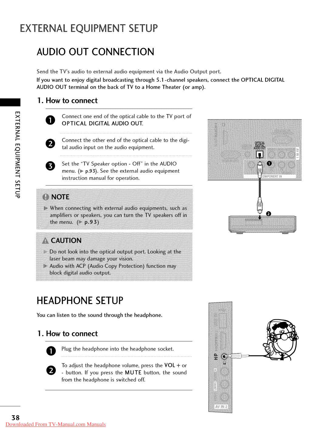 LG Electronics 42LD520, 32LD350 Headphonesetup, Audio OUT Connection, Onnect one end of the optical cable to the TV port 