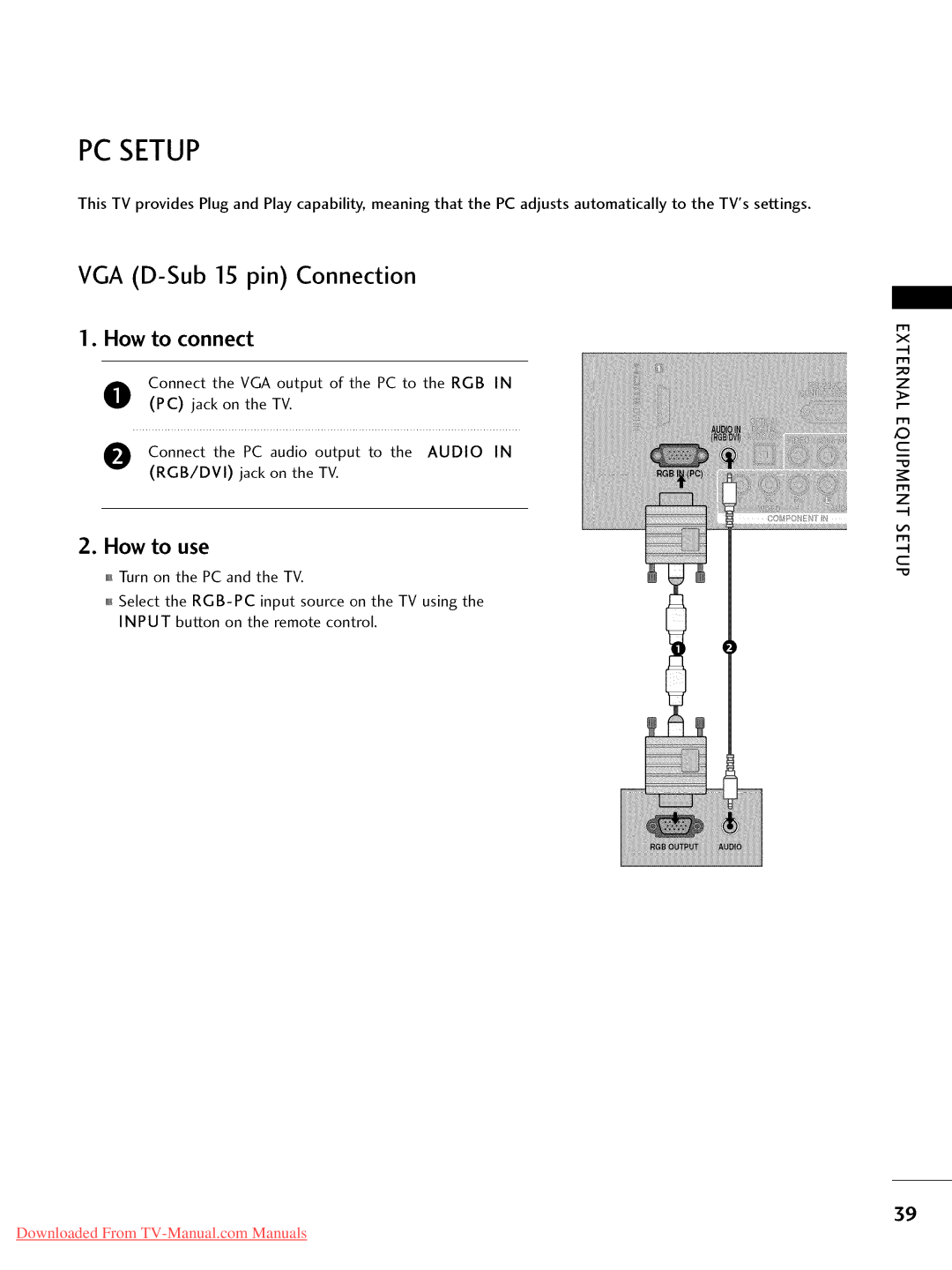 LG Electronics 42LD420, 32LD350, 47LD450, 47LD520, 47LD420, 37LD450, 32LD320, 26LD350 PC Setup, VGA D-Sub 15 pin Connection 