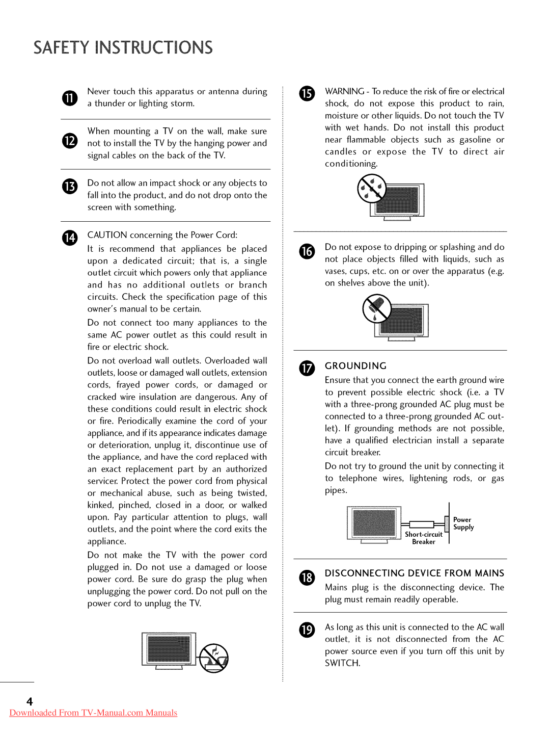 LG Electronics 37LD450, 32LD350, 47LD450, 47LD520, 47LD420, 32LD320, 26LD350, 22LD350, 32LD450 Safetyinstructions, Grounding 