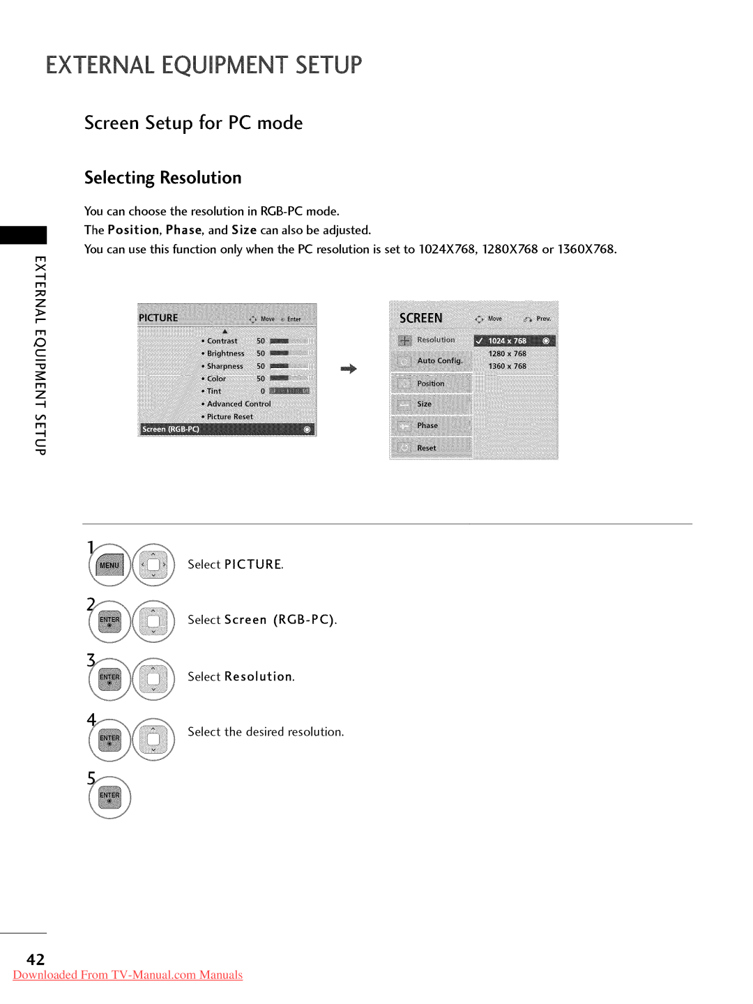 LG Electronics 32LD350, 47LD450, 47LD520, 47LD420, 37LD450, 32LD320, 26LD350 Screen Setup for PC mode, Selecting Resolution 