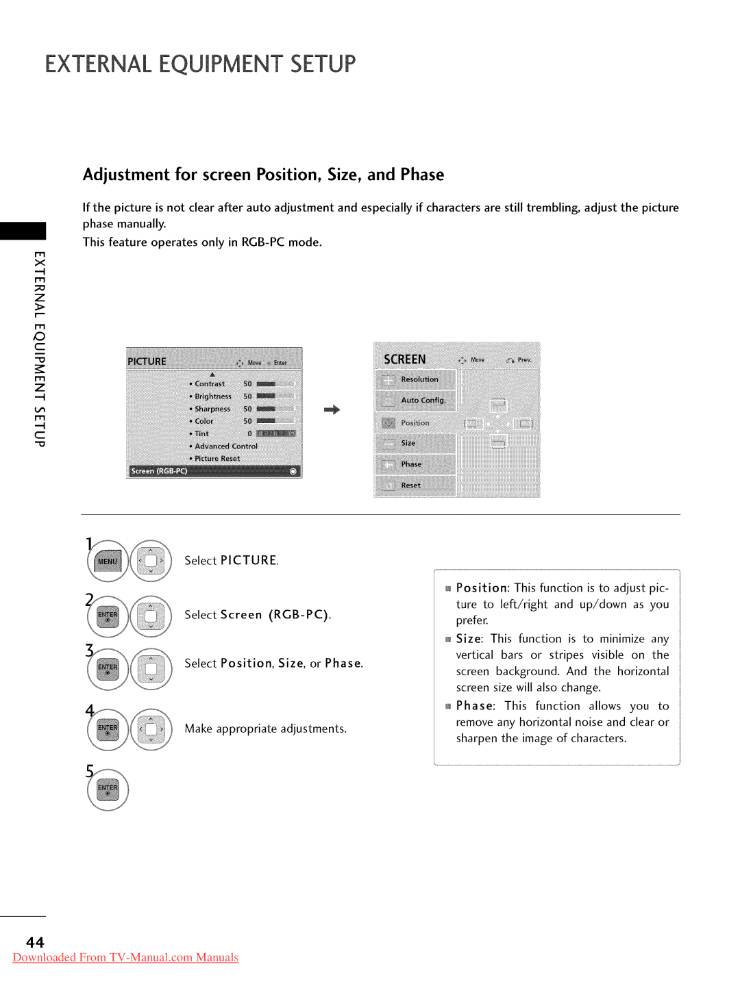 LG Electronics 47LD520, 32LD350, 47LD450, 47LD420, 37LD450, 32LD320, 26LD350 Adjustment for screen Position, Size, and Phase 