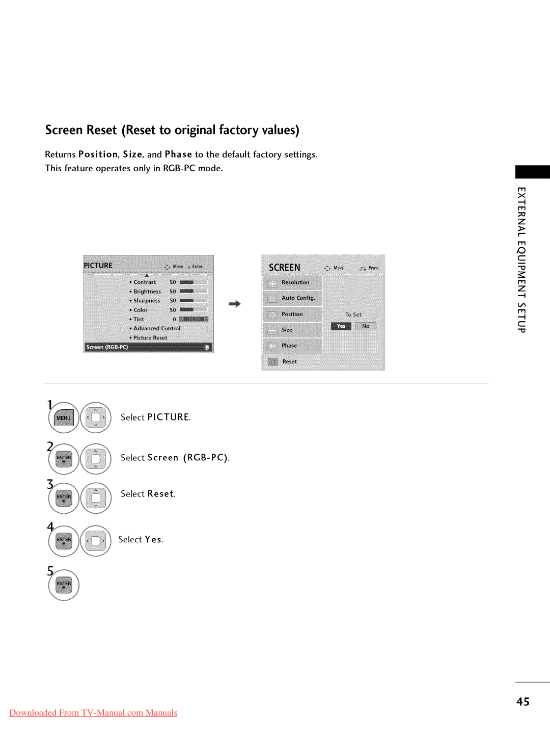 LG Electronics 47LD420, 32LD350, 47LD450, 47LD520, 37LD450, 32LD320, 26LD350 Screen Reset Reset to original factory values 