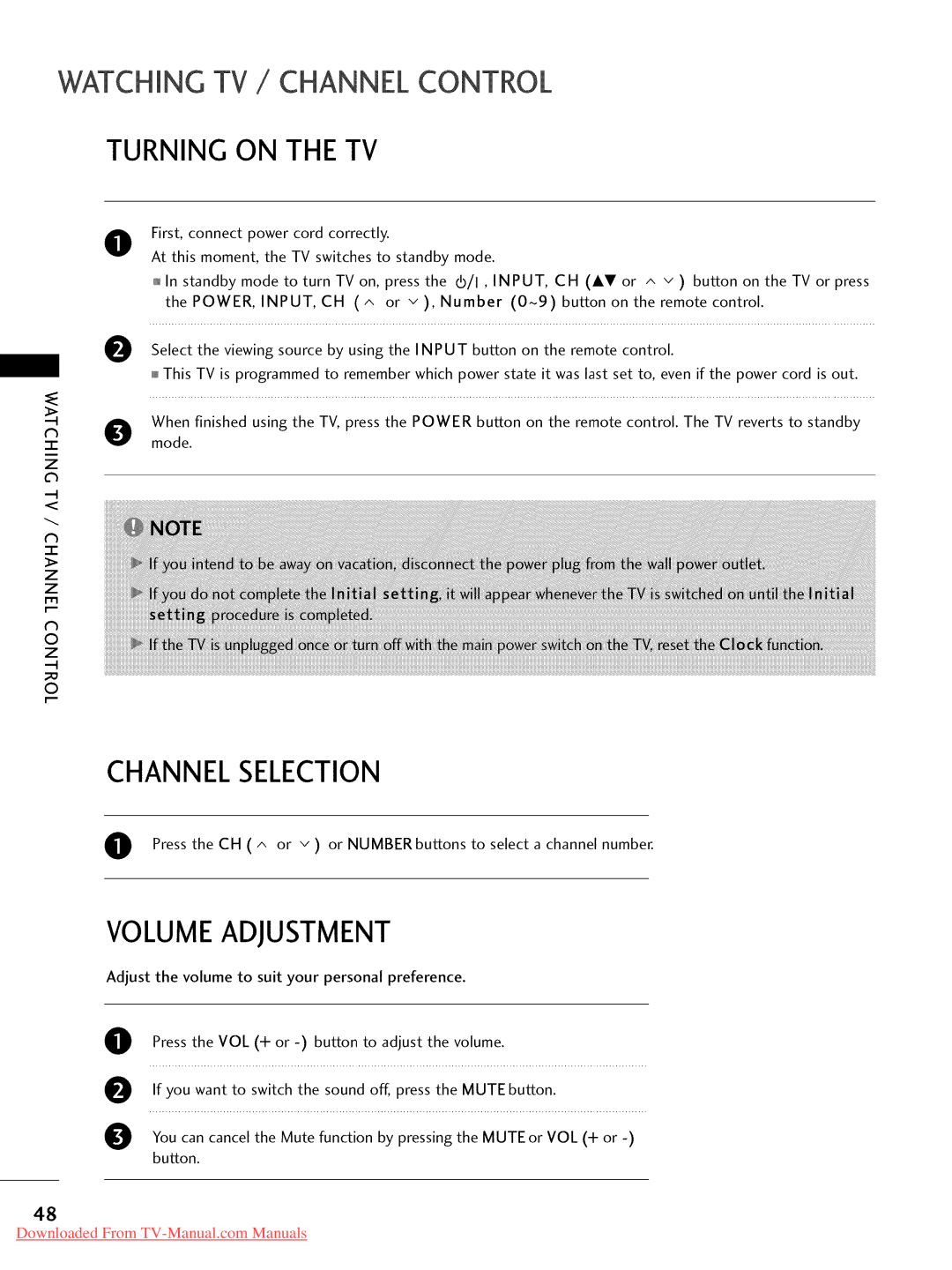 LG Electronics 26LD350, 32LD350 Watching TV / Channel Control, Channelselection, Volumeadjustment, Turning on the TV 