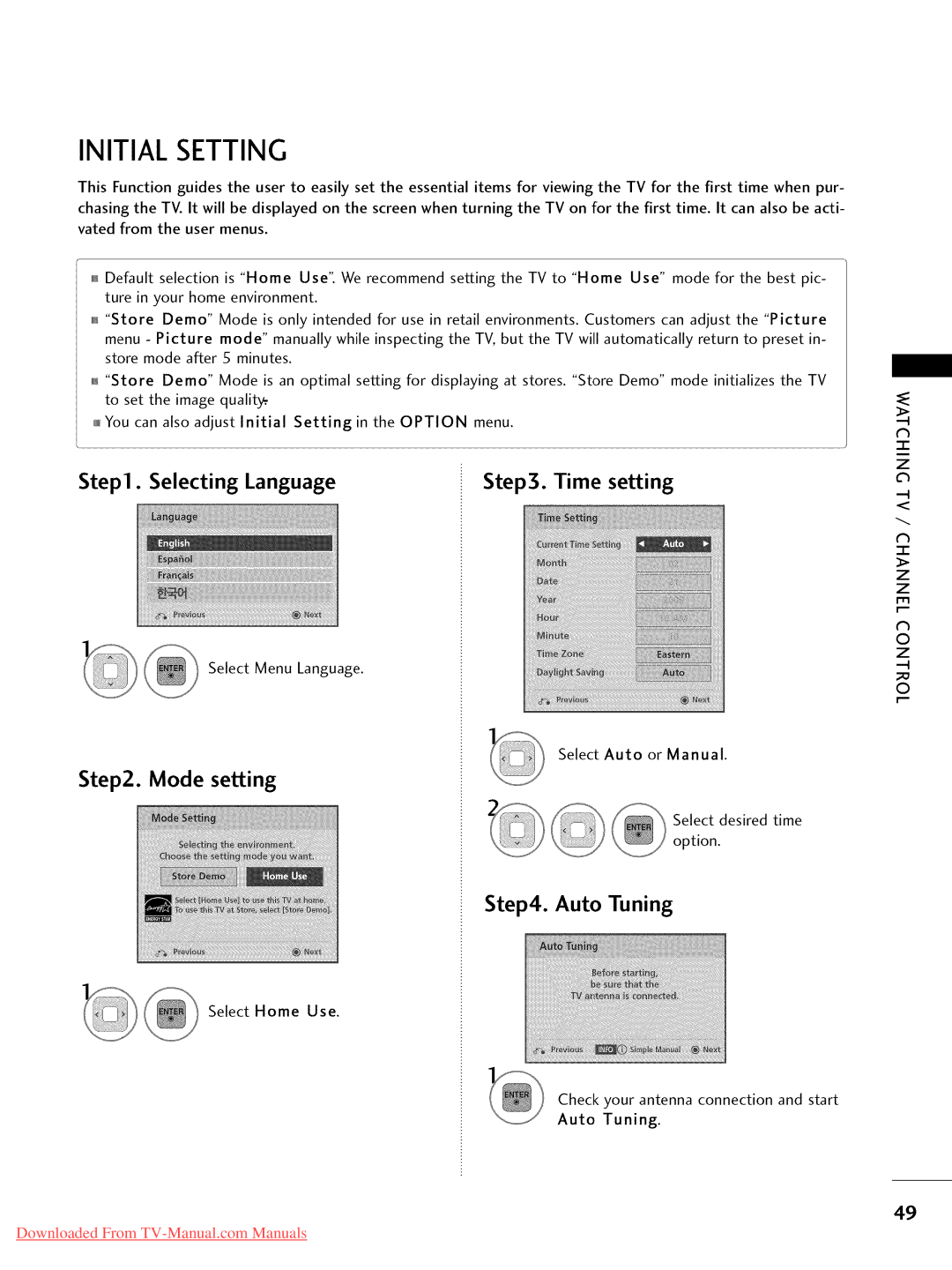 LG Electronics 22LD350, 32LD350, 47LD450, 47LD520 Initial Setting, Check your antenna connection and start Auto Tuning 