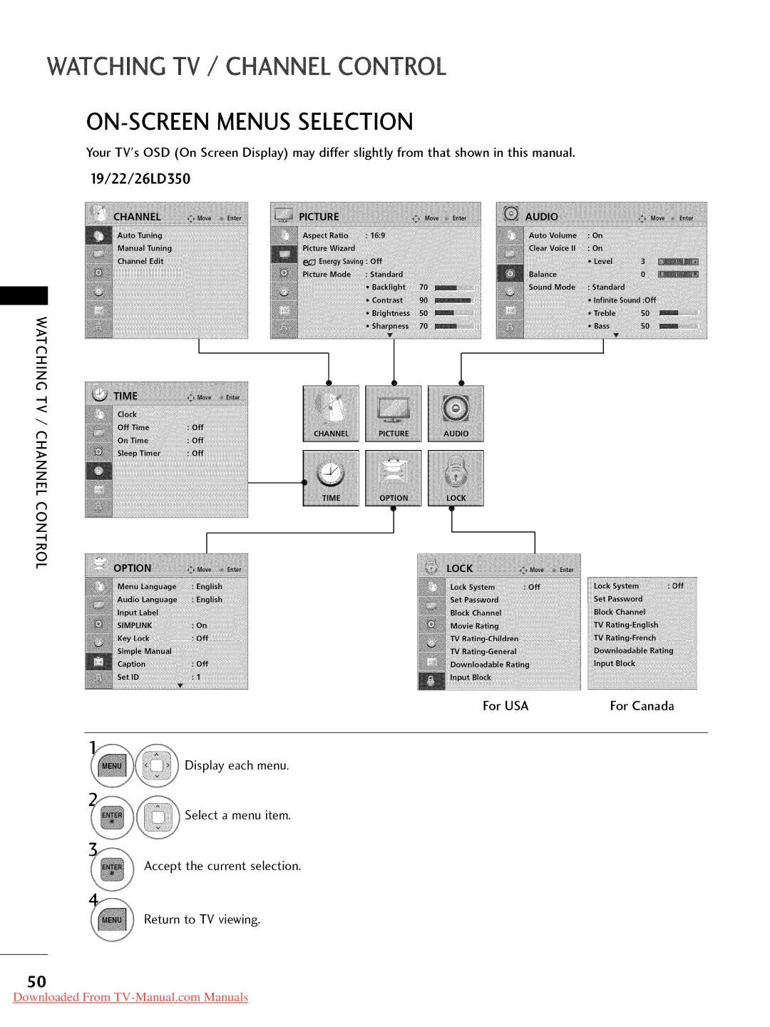 LG Electronics 32LD450, 32LD350, 47LD450 Watching TV / Channel Control ON-SCREENMENUSSELECTION, 19/22/26LD350, For USA 