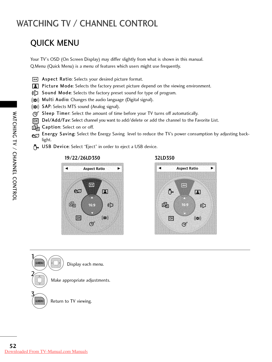 LG Electronics 42LD520, 47LD450, 47LD520, 47LD420, 37LD450 Watching TV / Channel Control Quick Menu, 19/22/26LD35032LD350 