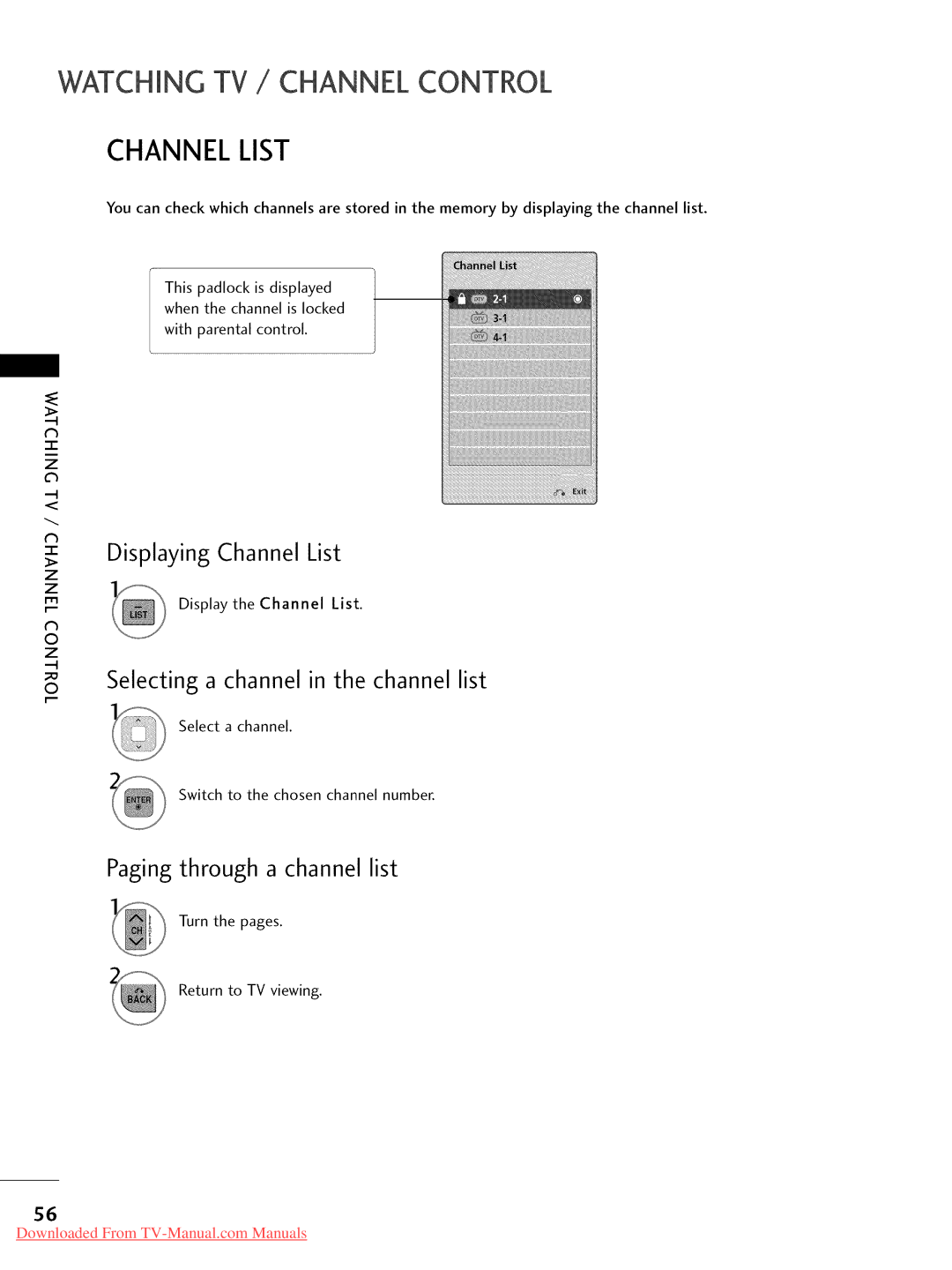 LG Electronics 32LD350, 47LD450 Displaying Channel List, Paging through a channel list, Selecting Channel Channel list 