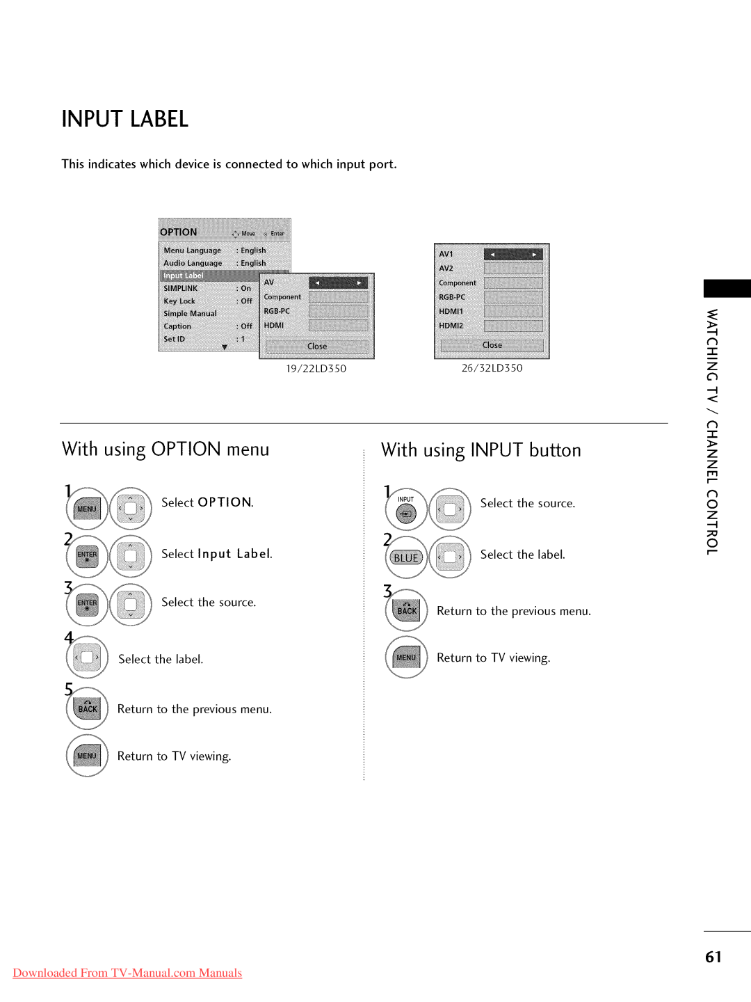 LG Electronics 32LD320, 32LD350, 47LD450, 47LD520, 47LD420 Input Label, With using Option menu With using Input button 