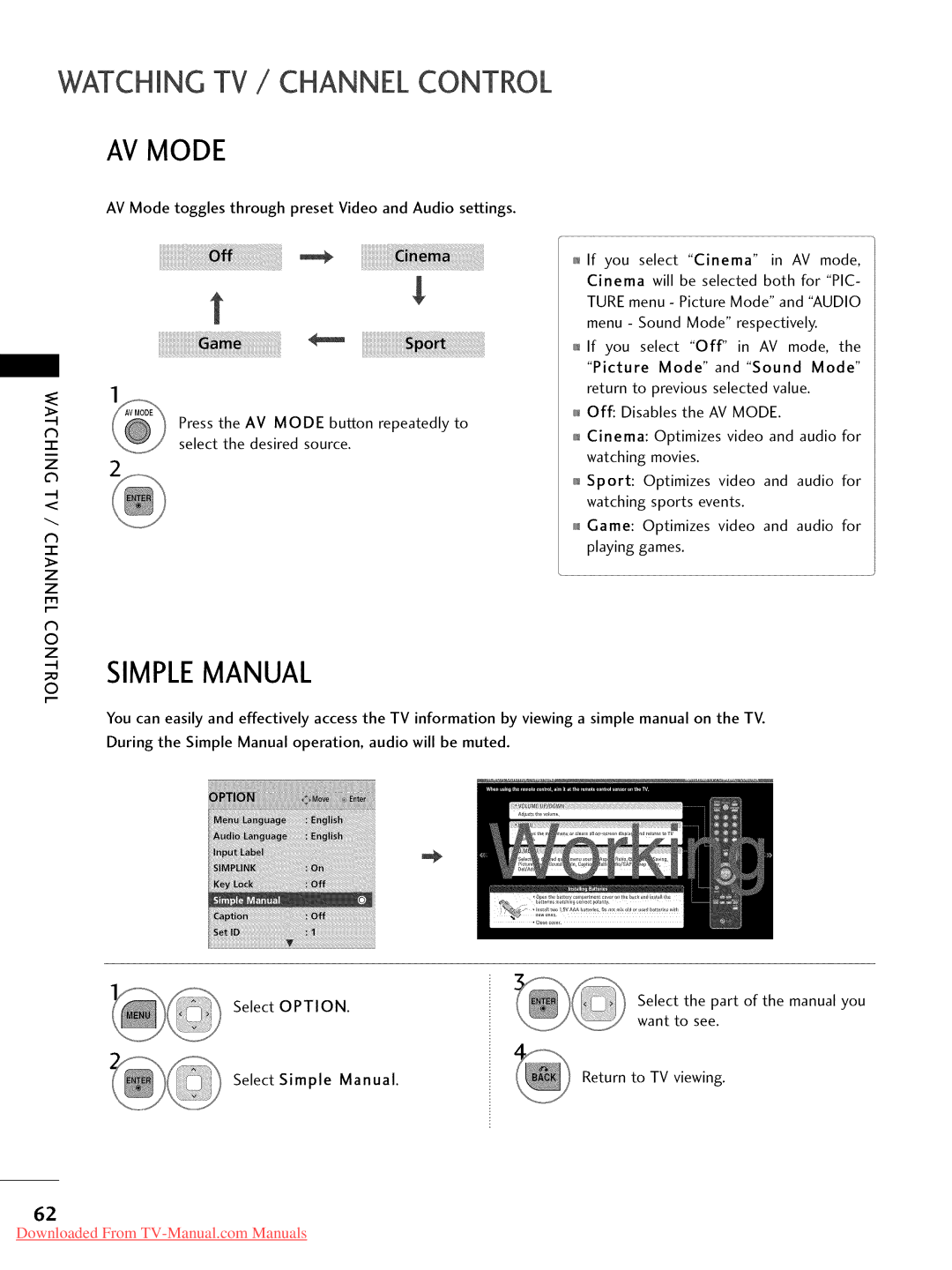 LG Electronics 26LD350, 32LD350, 47LD450, 47LD520, 47LD420, 37LD450, 32LD320, 22LD350 AV Mode, Simple Manual, Select Option 