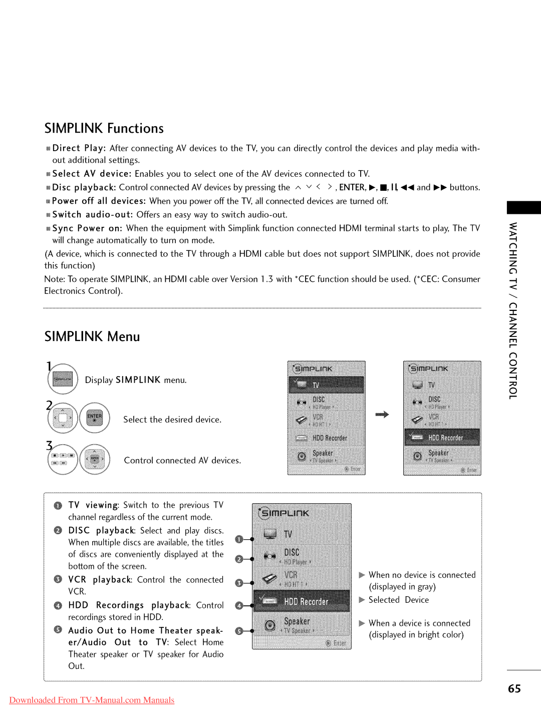 LG Electronics 42LD450, 32LD350, 47LD450 Functions, Simplink Menu, When a device is connected Displayed in bright color 