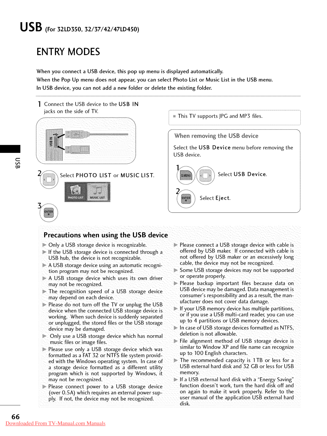 LG Electronics 42LD520, 32LD350 Entry Modes, Precautions when using the USB device, Select Photo List or Music List 