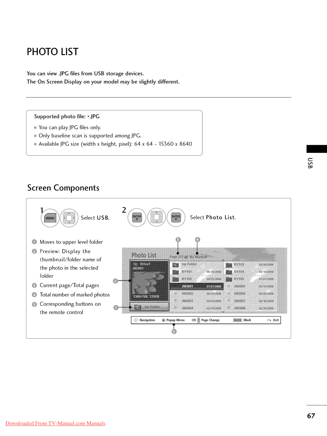 LG Electronics 42LD420, 32LD350, 47LD450, 47LD520, 47LD420, 37LD450, 32LD320 Photolist, Screen Components, Select Photo List 