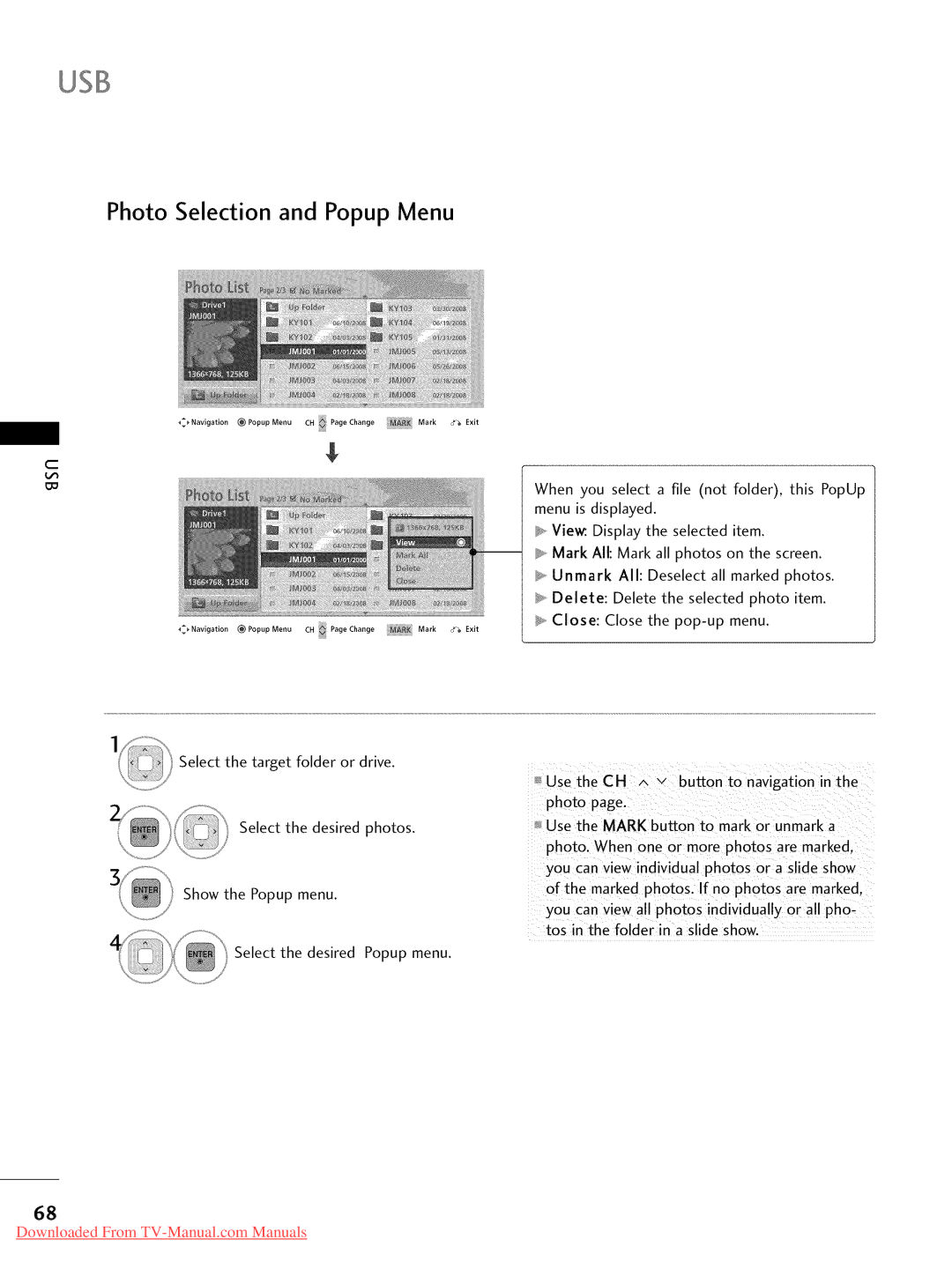 LG Electronics 55LD520, 32LD350, 47LD450, 47LD520, 47LD420, 37LD450, 32LD320, 26LD350 Usb, Photo Selection and Popup Menu 