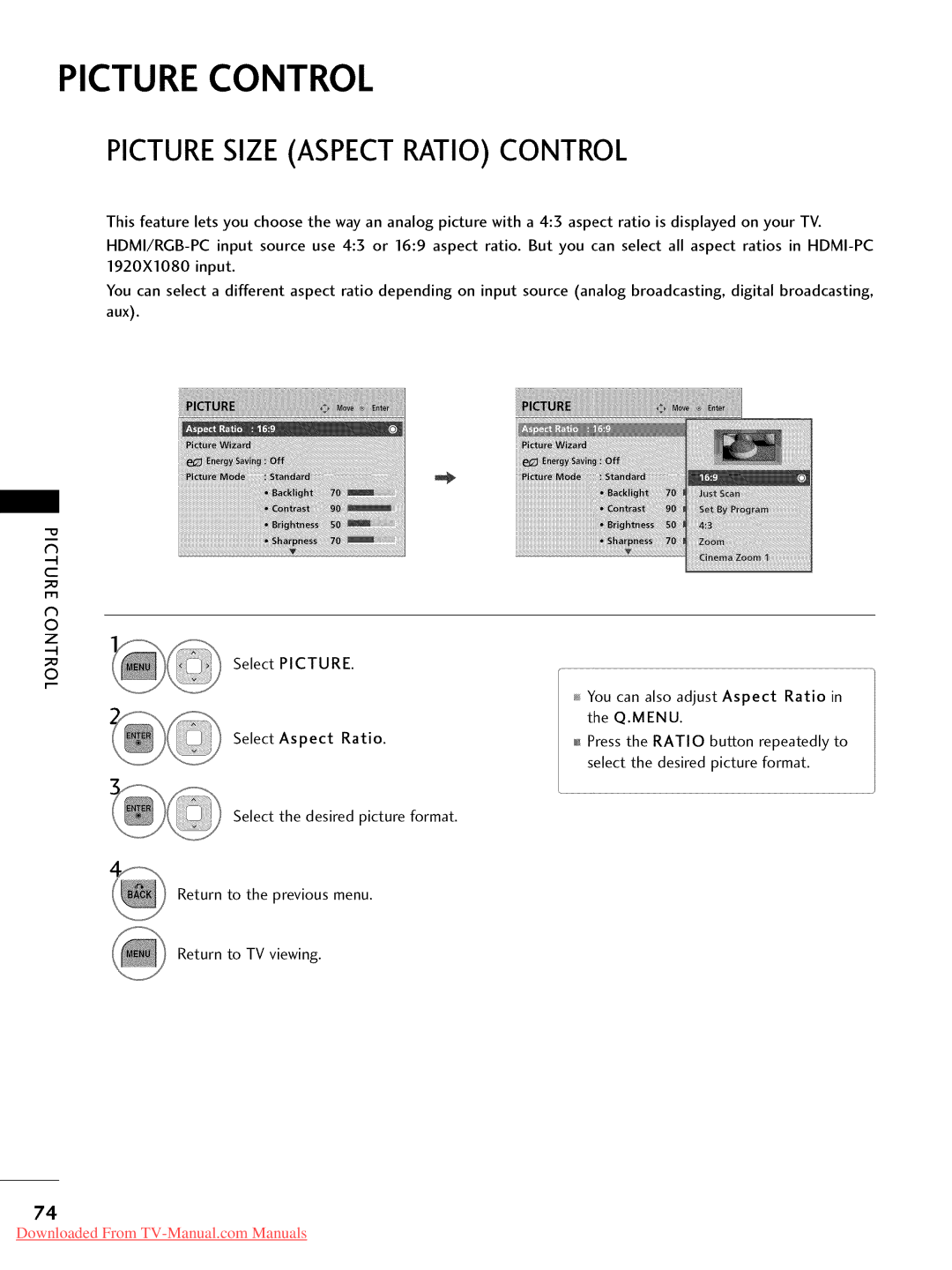 LG Electronics 37LD450, 32LD350, 47LD450, 47LD520, 47LD420, 32LD320, 26LD350 Picture Control, Picturesize Aspect Ratio Control 