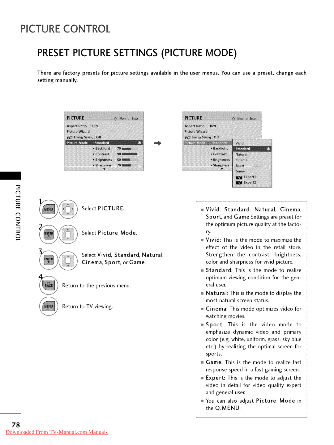 LG Electronics 32LD450, 32LD350, 47LD450, 47LD520, 47LD420, 37LD450, 32LD320, 26LD350, 22LD350 Presetpicturesettings Picture Mode 