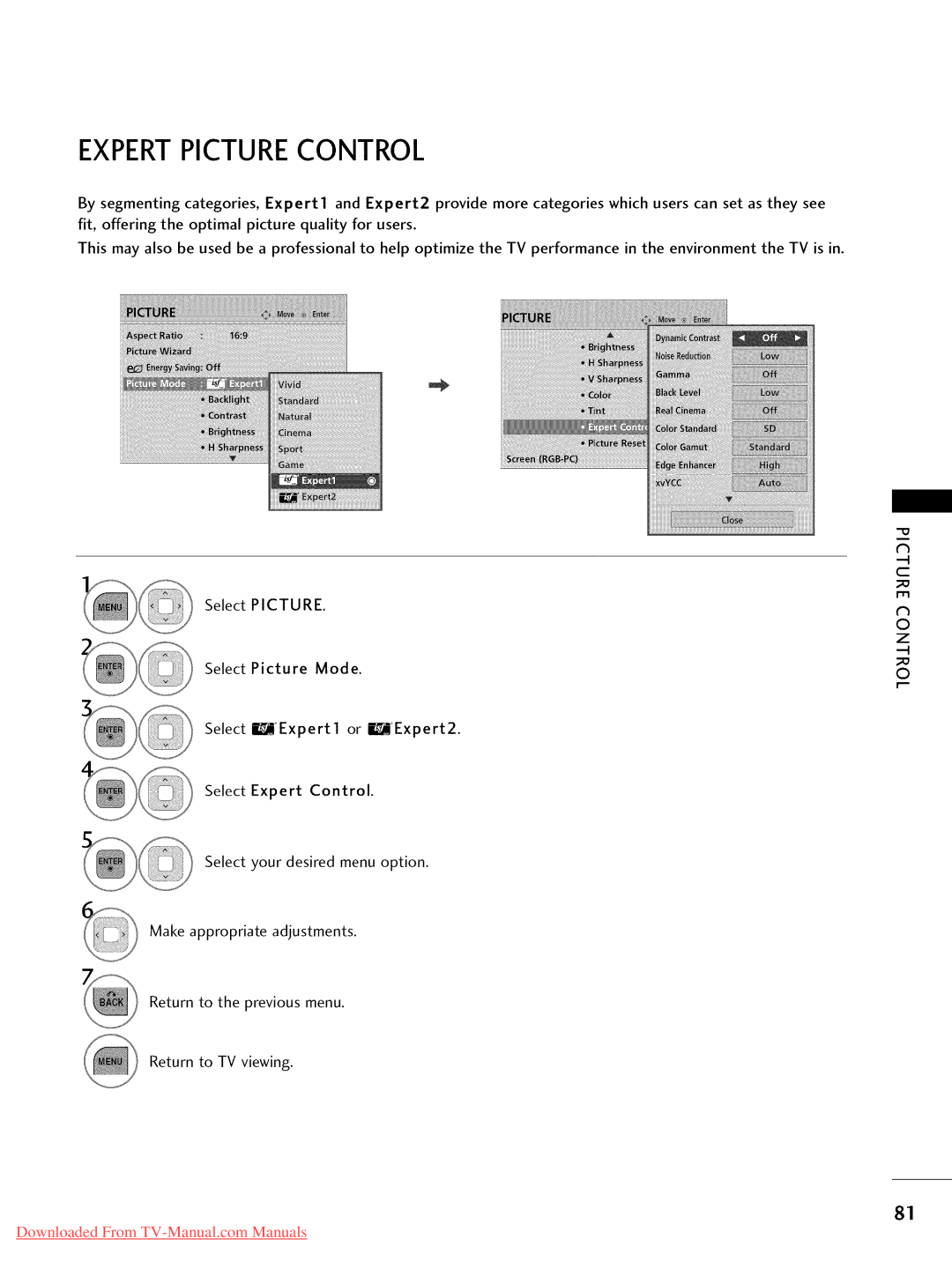 LG Electronics 42LD420, 32LD350, 47LD450, 47LD520, 47LD420, 37LD450, 32LD320, 26LD350 Expertpicture Control, Select Picture 