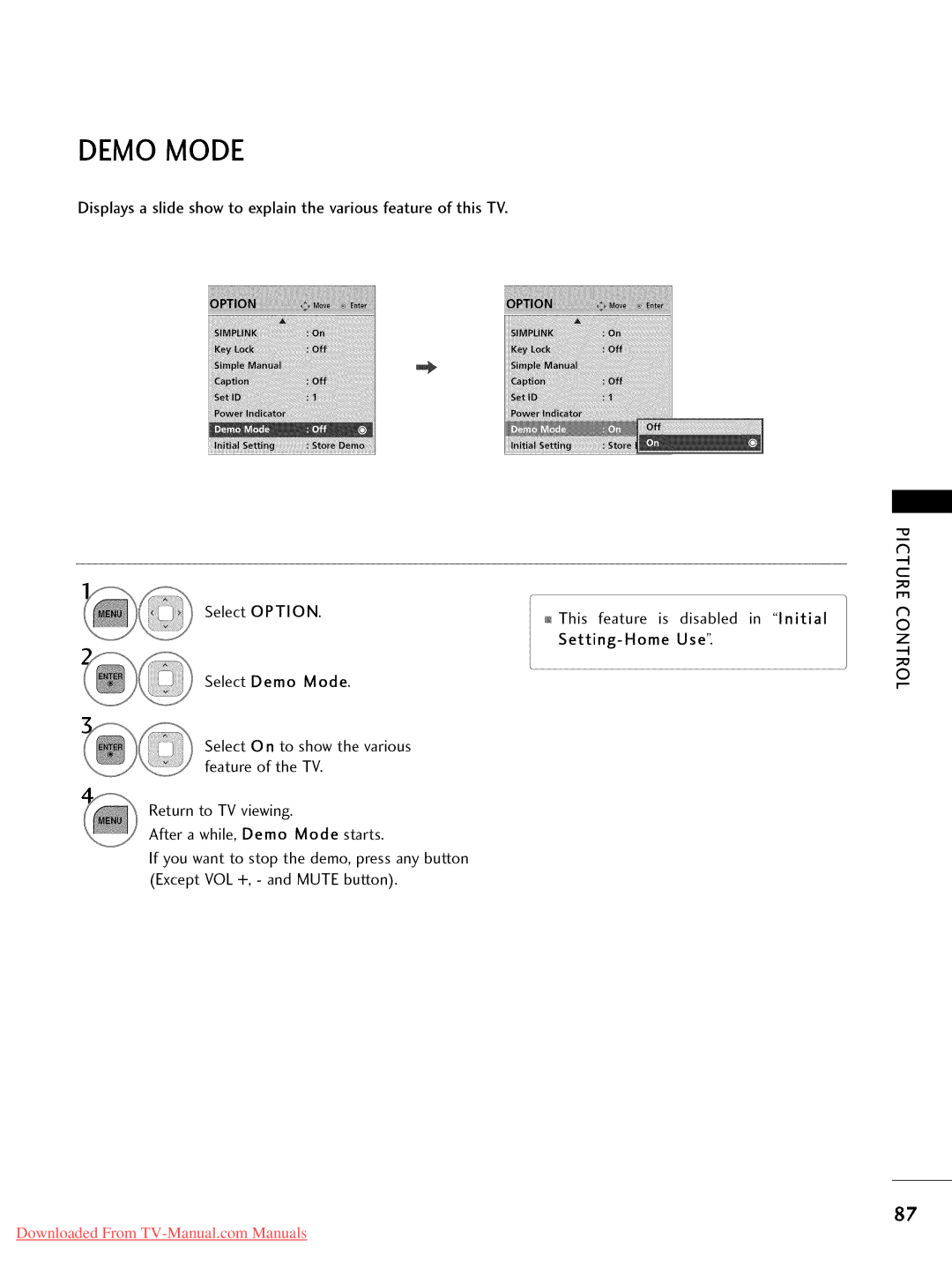 LG Electronics 47LD420, 32LD350, 47LD450, 47LD520, 37LD450, 32LD320, 26LD350, 22LD350, 32LD450, 42LD450 Demo Mode, Select Option 