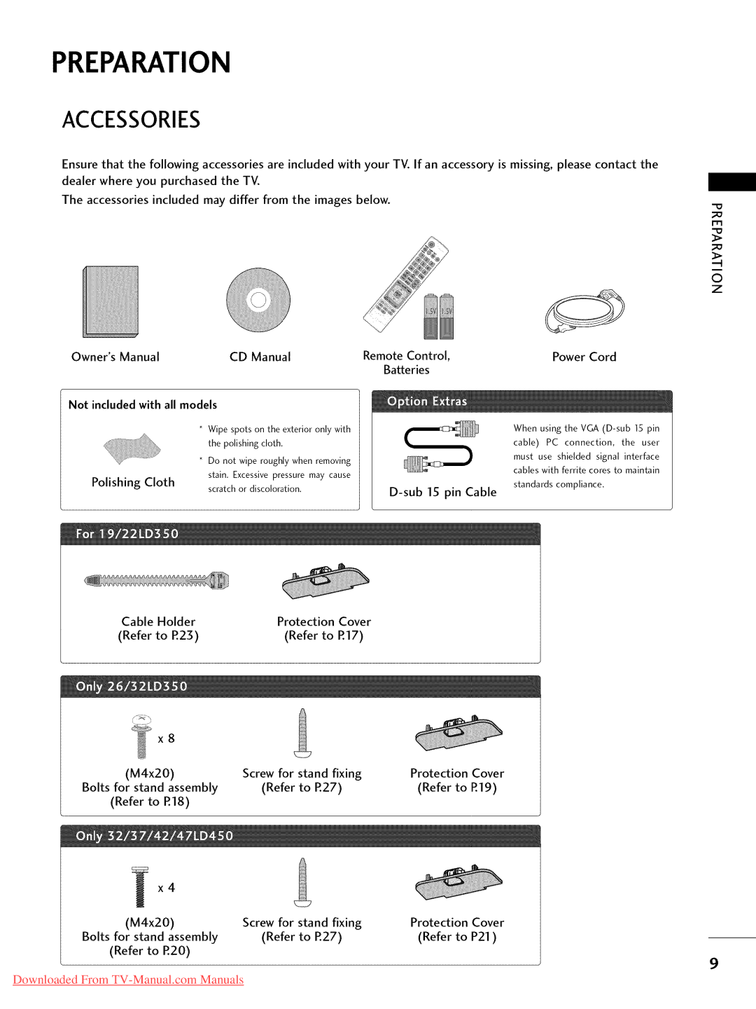 LG Electronics 42LD450, 32LD350, 47LD450 Accessories, Cable Holder, Refer to P.23, Screw for stand fixing, Refer to R27 