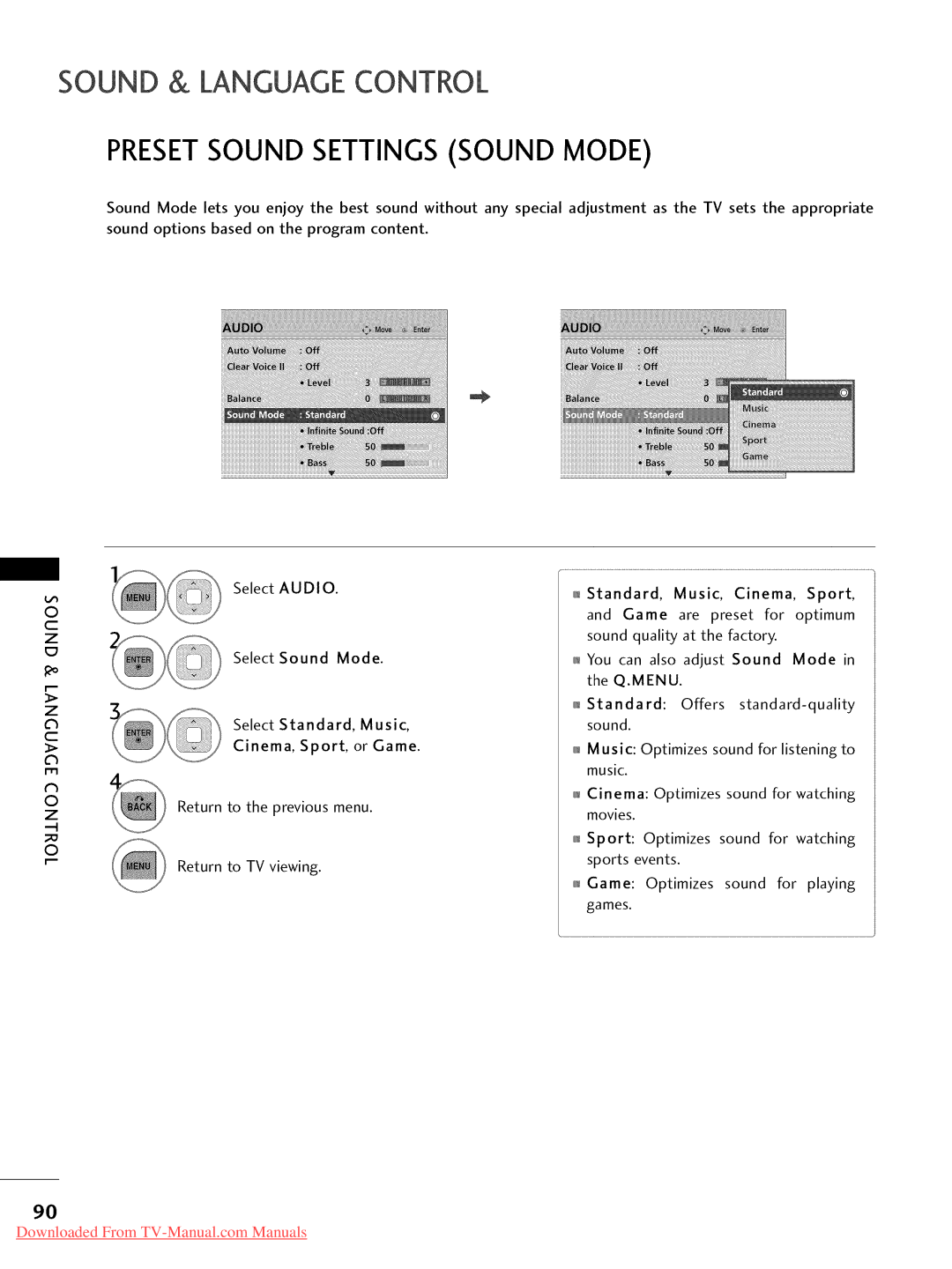 LG Electronics 26LD350, 32LD350, 47LD450, 47LD520, 47LD420, 37LD450 Sound & Language Control, Presetsound Settings Sound Mode 