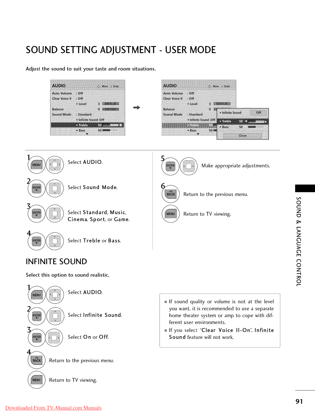 LG Electronics 22LD350, 32LD350, 47LD450, 47LD520, 47LD420, 37LD450 Sound Setting ADJUSTMENT- User Mode, Infinite Sound 