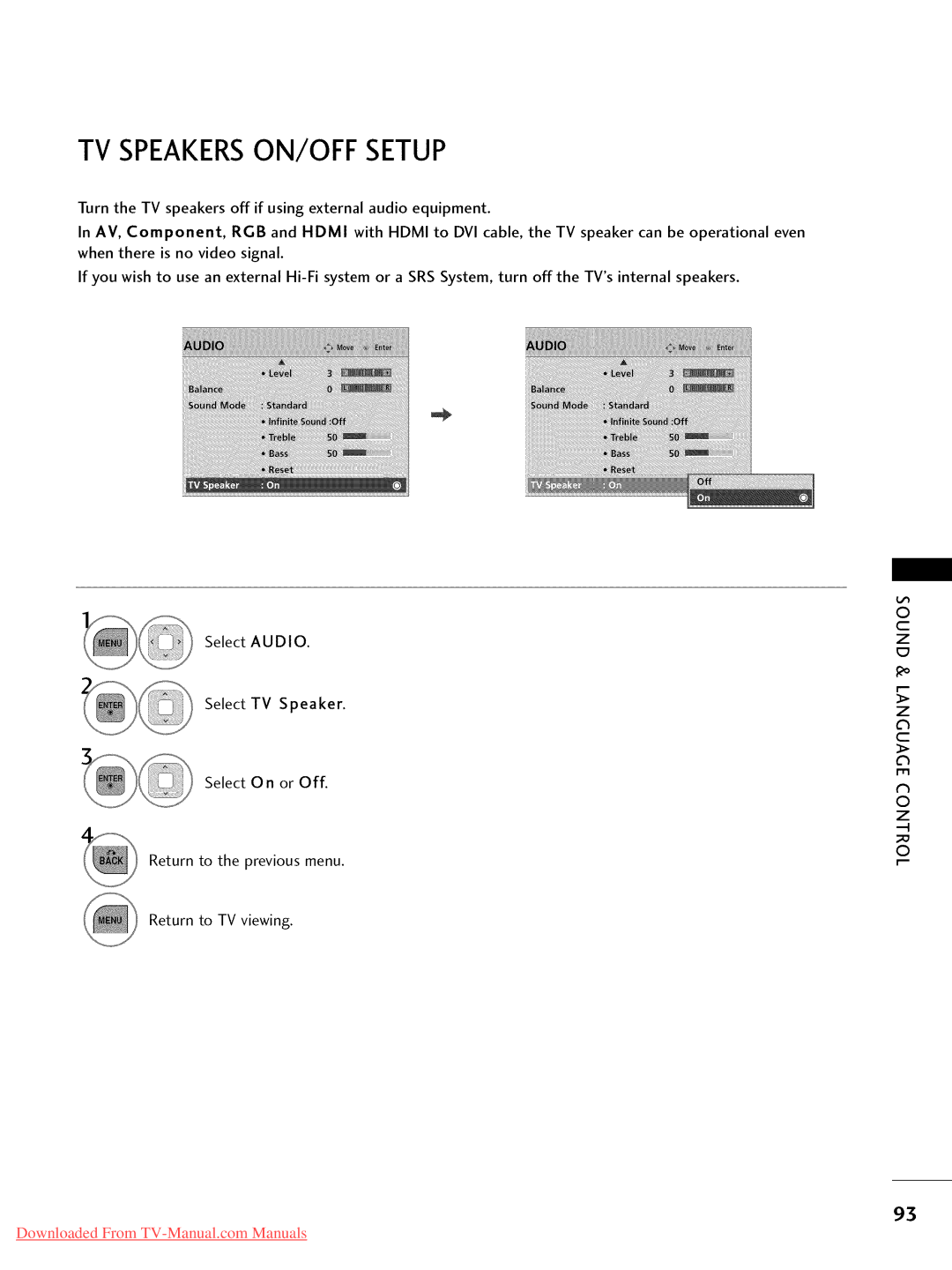 LG Electronics 42LD450, 32LD350, 47LD450, 47LD520, 47LD420, 37LD450, 32LD320, 26LD350 TV Speakersonioff Setup, Select O n or Off 