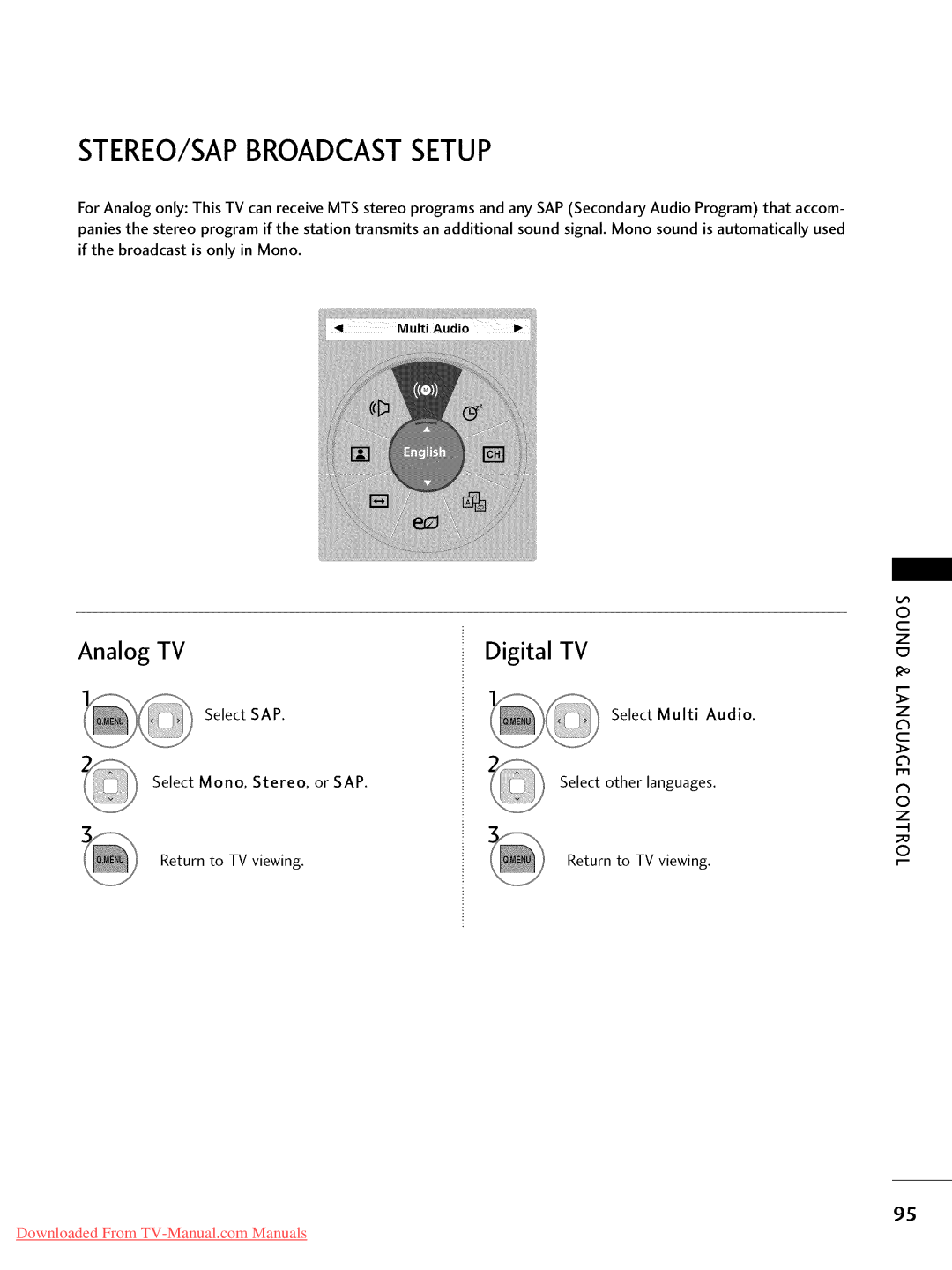 LG Electronics 42LD420, 32LD350, 47LD450, 47LD520, 47LD420 Stereo/Sapbroadcastsetup, Analog TV Digital TV, Select Multi Audio 