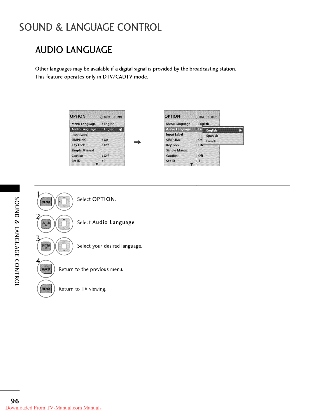 LG Electronics 55LD520, 32LD350, 47LD450, 47LD520, 47LD420, 37LD450, 32LD320, 26LD350, 22LD350 Audio Language, Select Option 